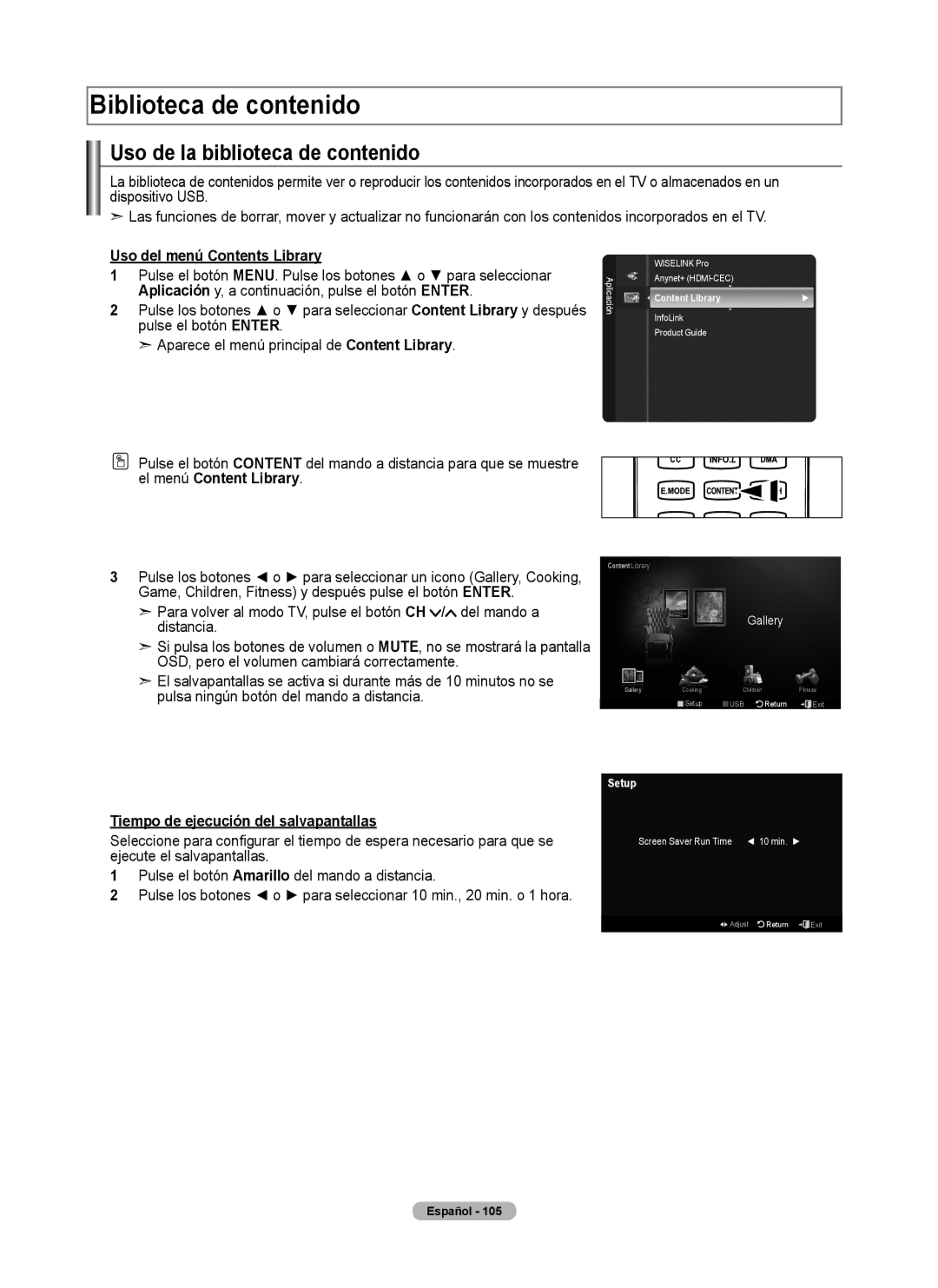 Samsung 760 Series user manual Biblioteca de contenido, Uso de la biblioteca de contenido, Uso del menú Contents Library 