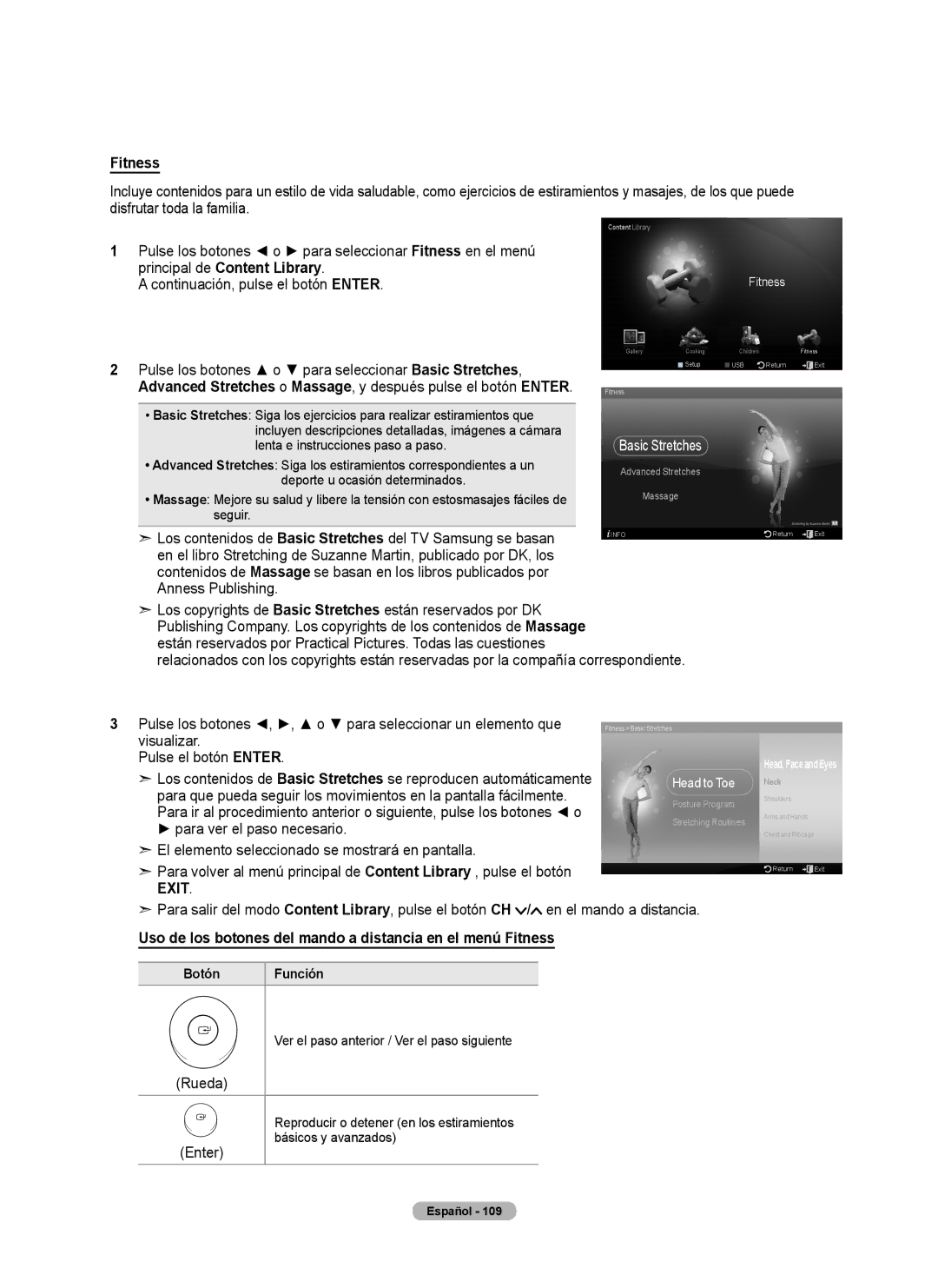 Samsung 760 Series user manual Uso de los botones del mando a distancia en el menú Fitness 