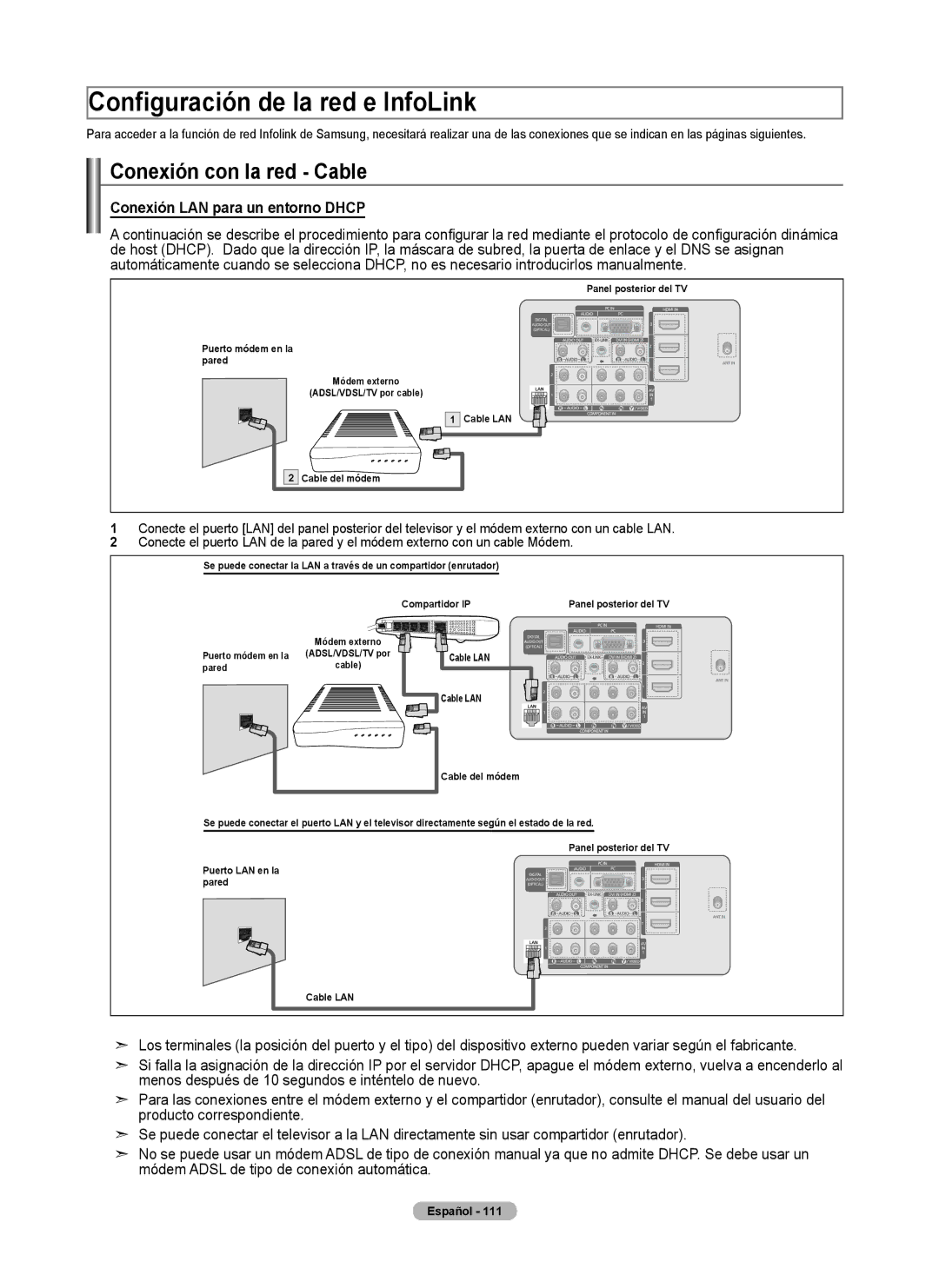 Samsung 760 Series Configuración de la red e InfoLink, Conexión con la red Cable, Conexión LAN para un entorno Dhcp 