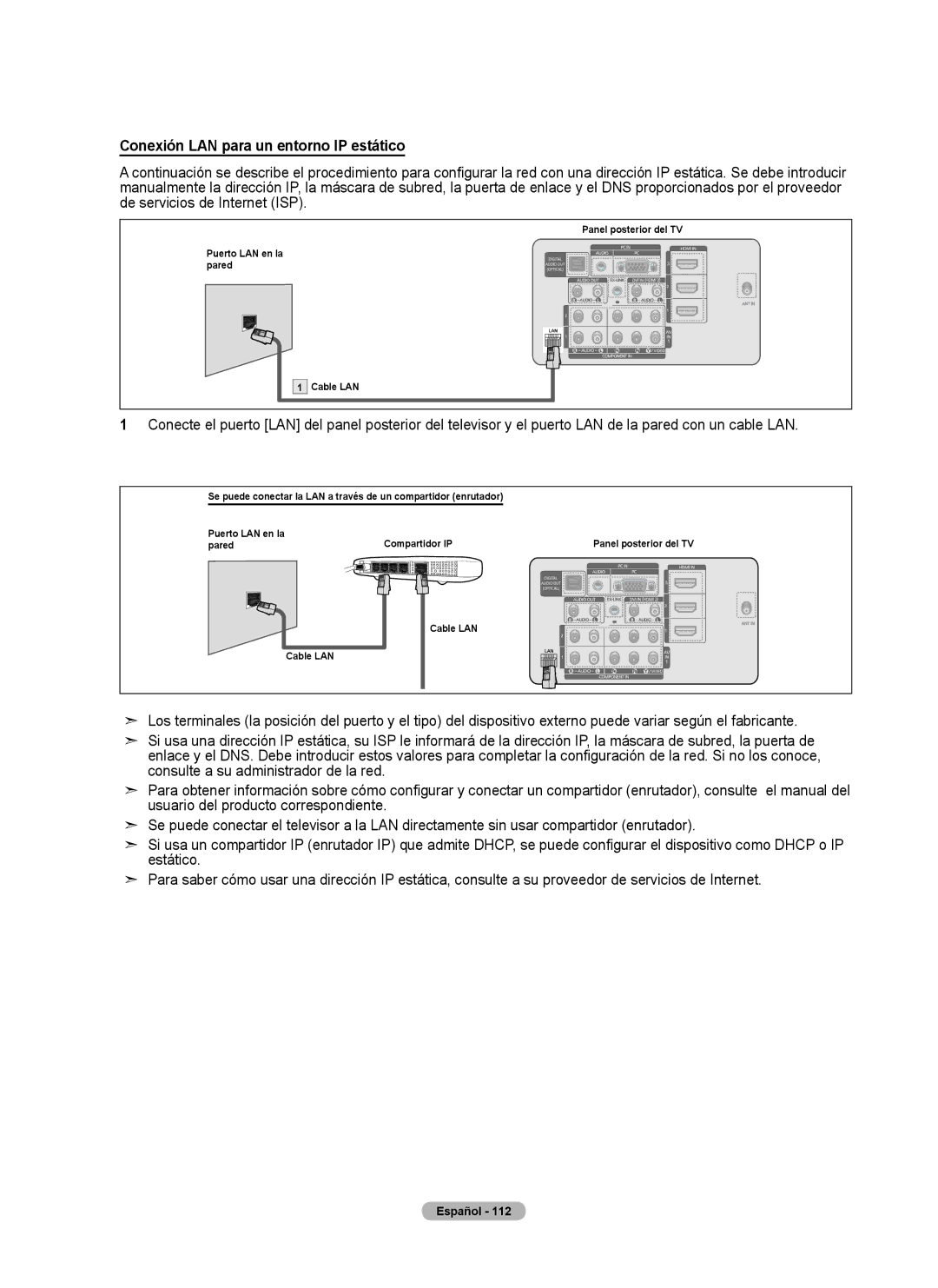 Samsung 760 Series user manual Conexión LAN para un entorno IP estático 