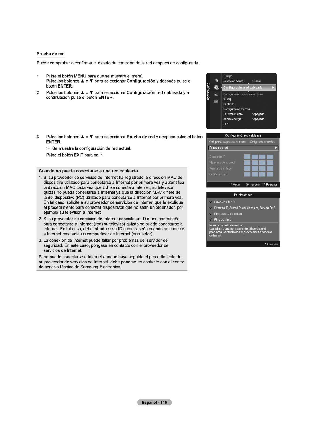 Samsung 760 Series user manual Prueba de red, Cuando no pueda conectarse a una red cableada 