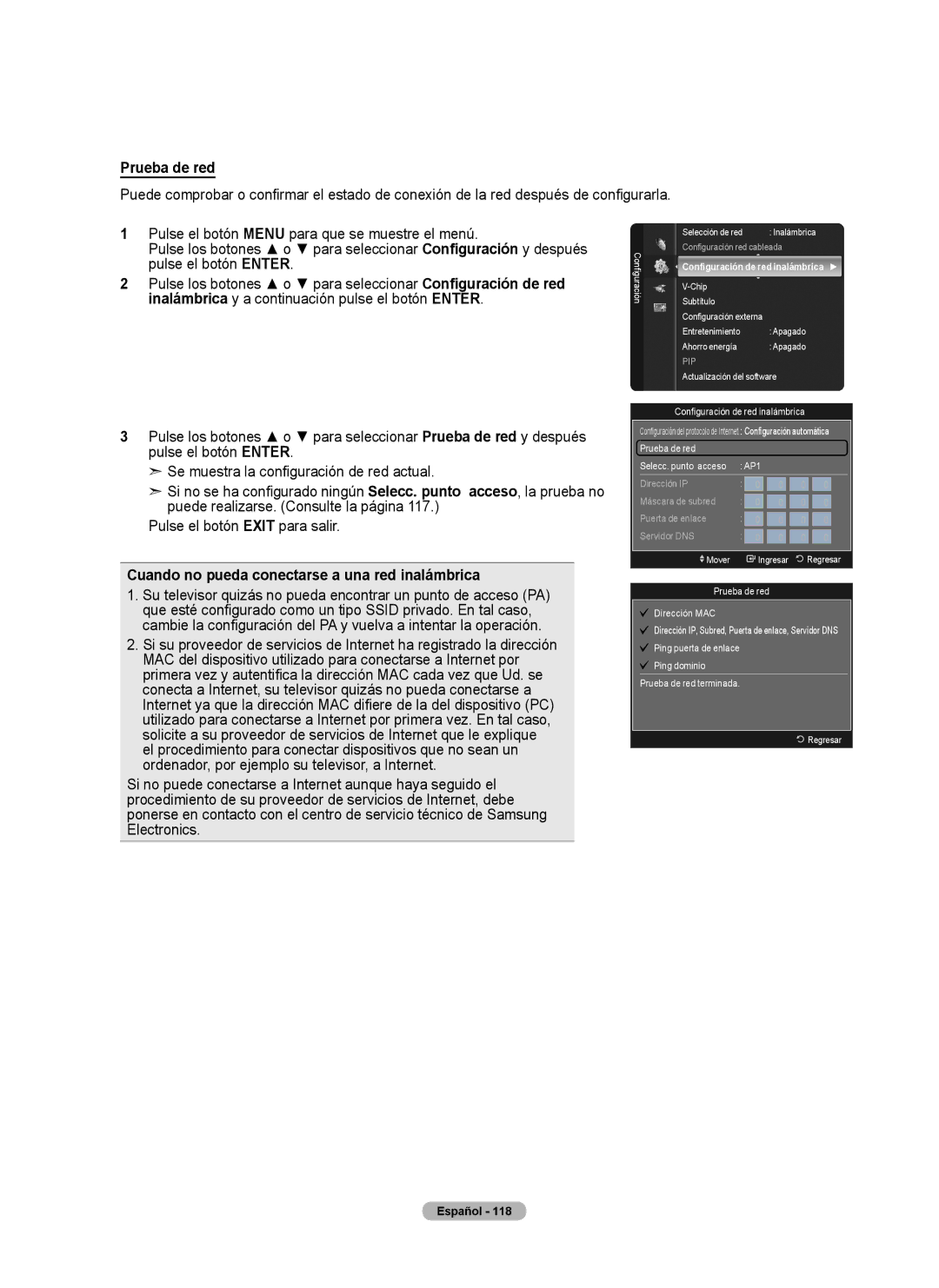 Samsung 760 Series user manual Prueba de red, Cuando no pueda conectarse a una red inalámbrica 