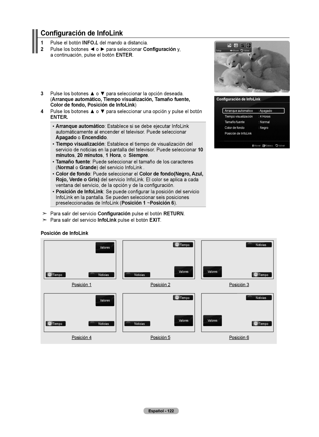 Samsung 760 Series user manual Configuración de InfoLink, Posición de InfoLink, Valores TiempoNoticias 