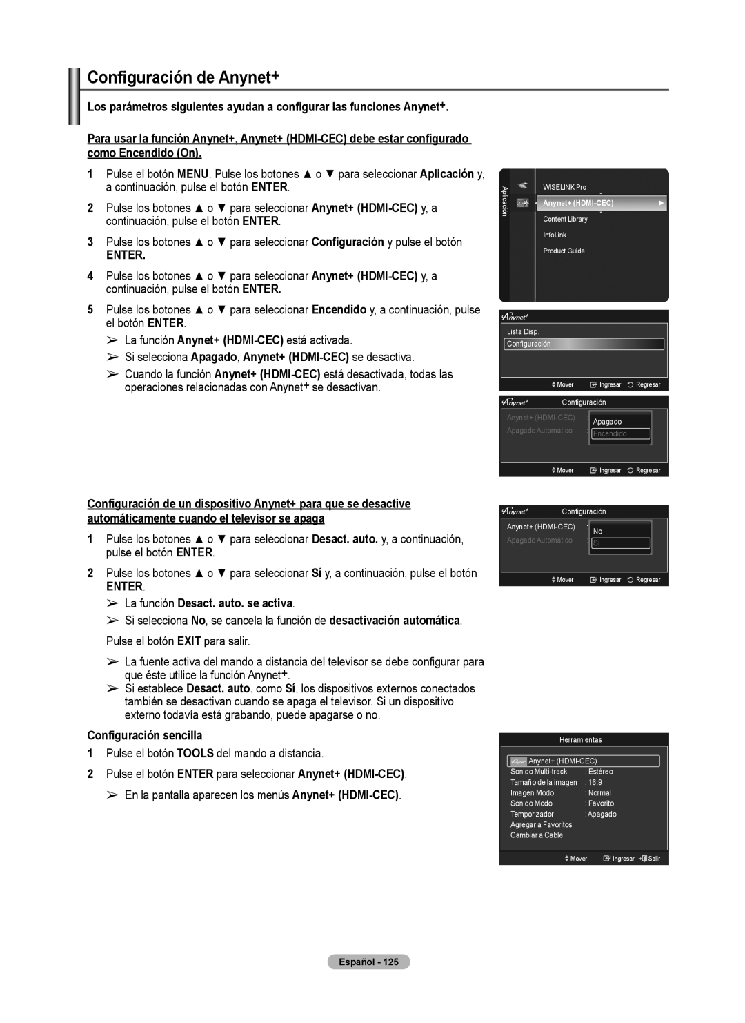 Samsung 760 Series user manual Configuración de Anynet+, La función Desact. auto. se activa 