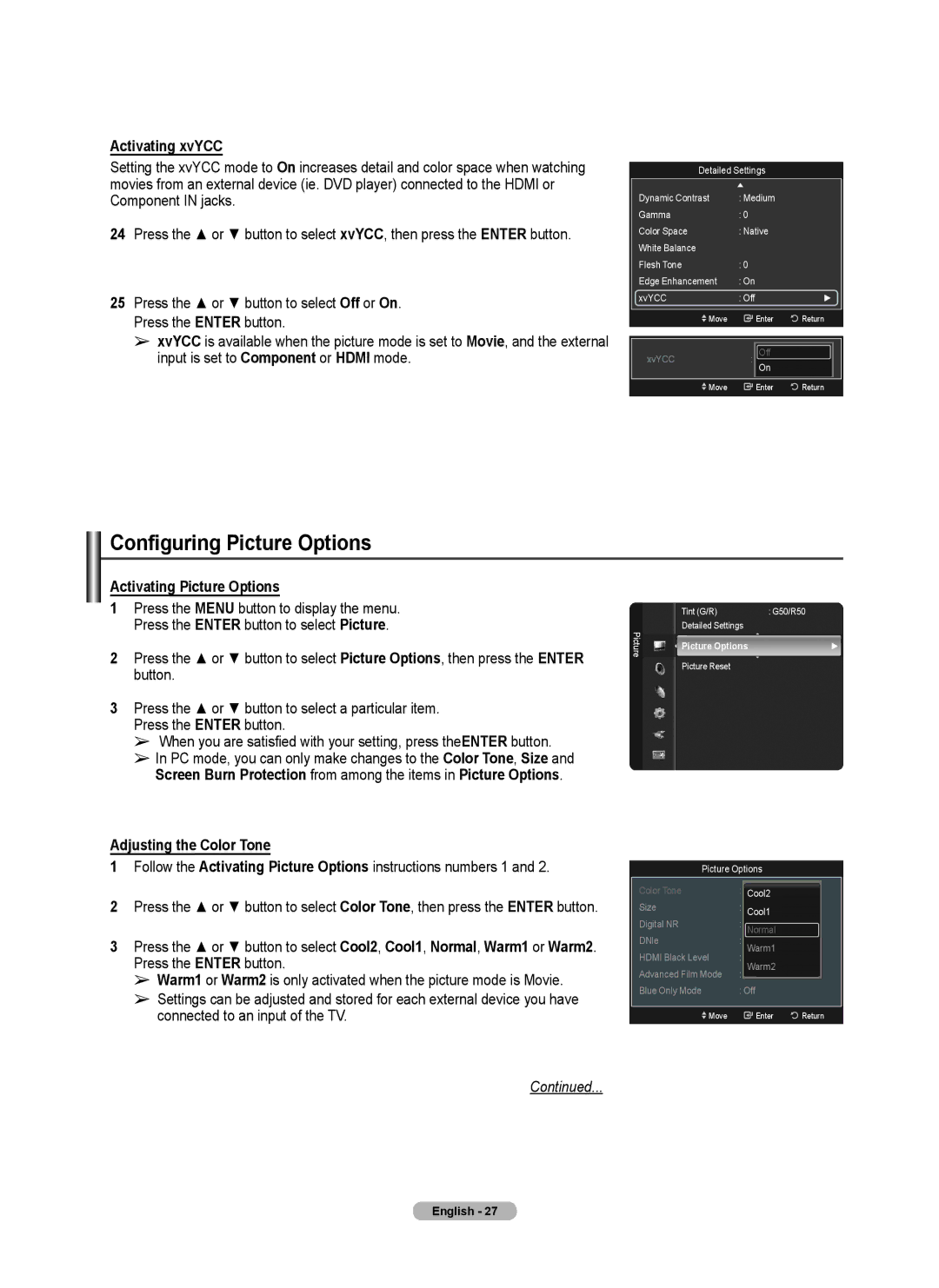 Samsung 760 Series Configuring Picture Options, Activating xvYCC, Activating Picture Options, Adjusting the Color Tone 