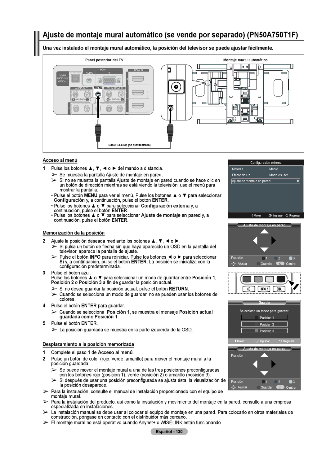 Samsung 760 Series user manual Acceso al menú, Memorización de la posición, Guardada como Posición 