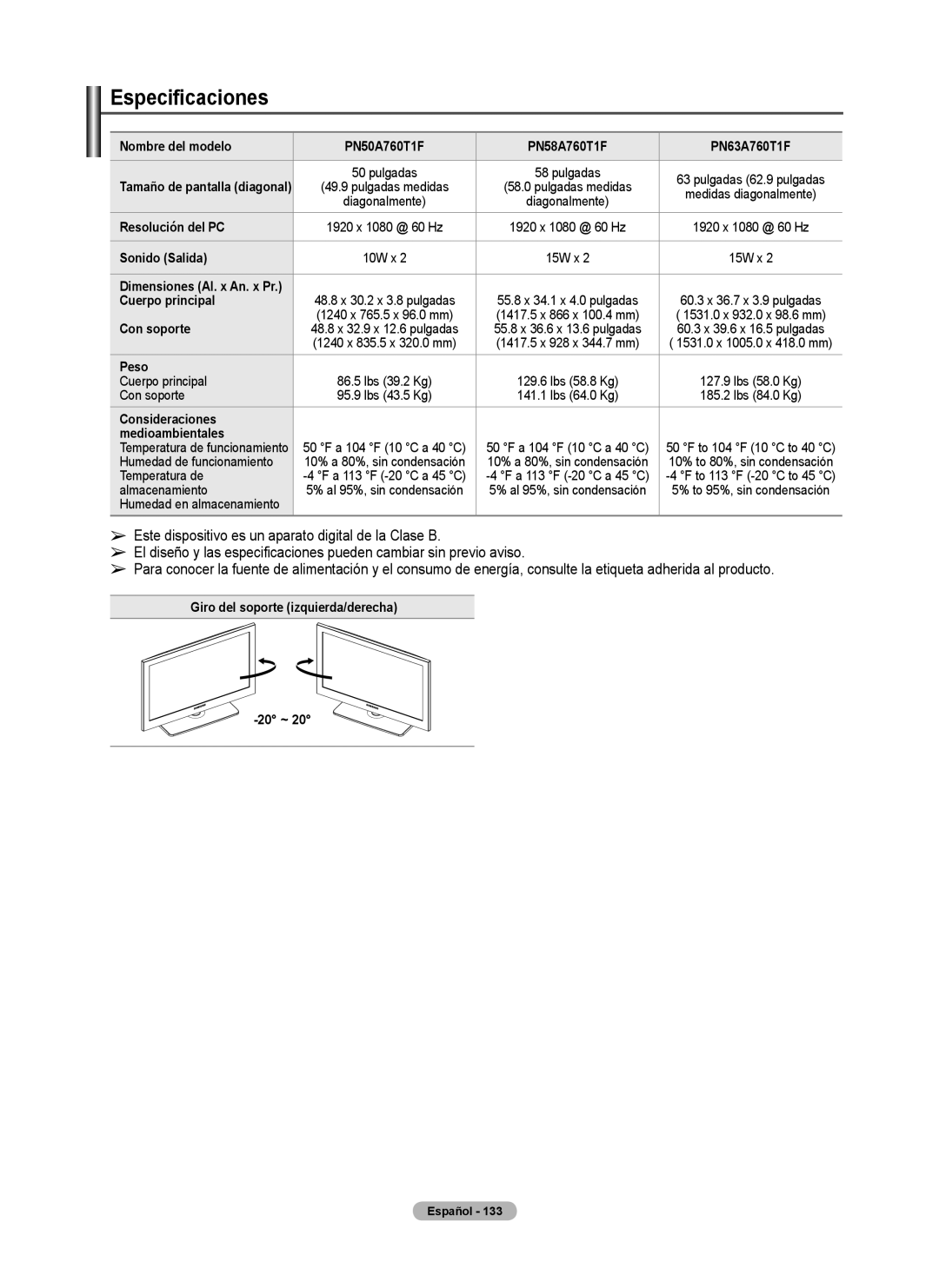 Samsung 760 Series user manual Especificaciones 