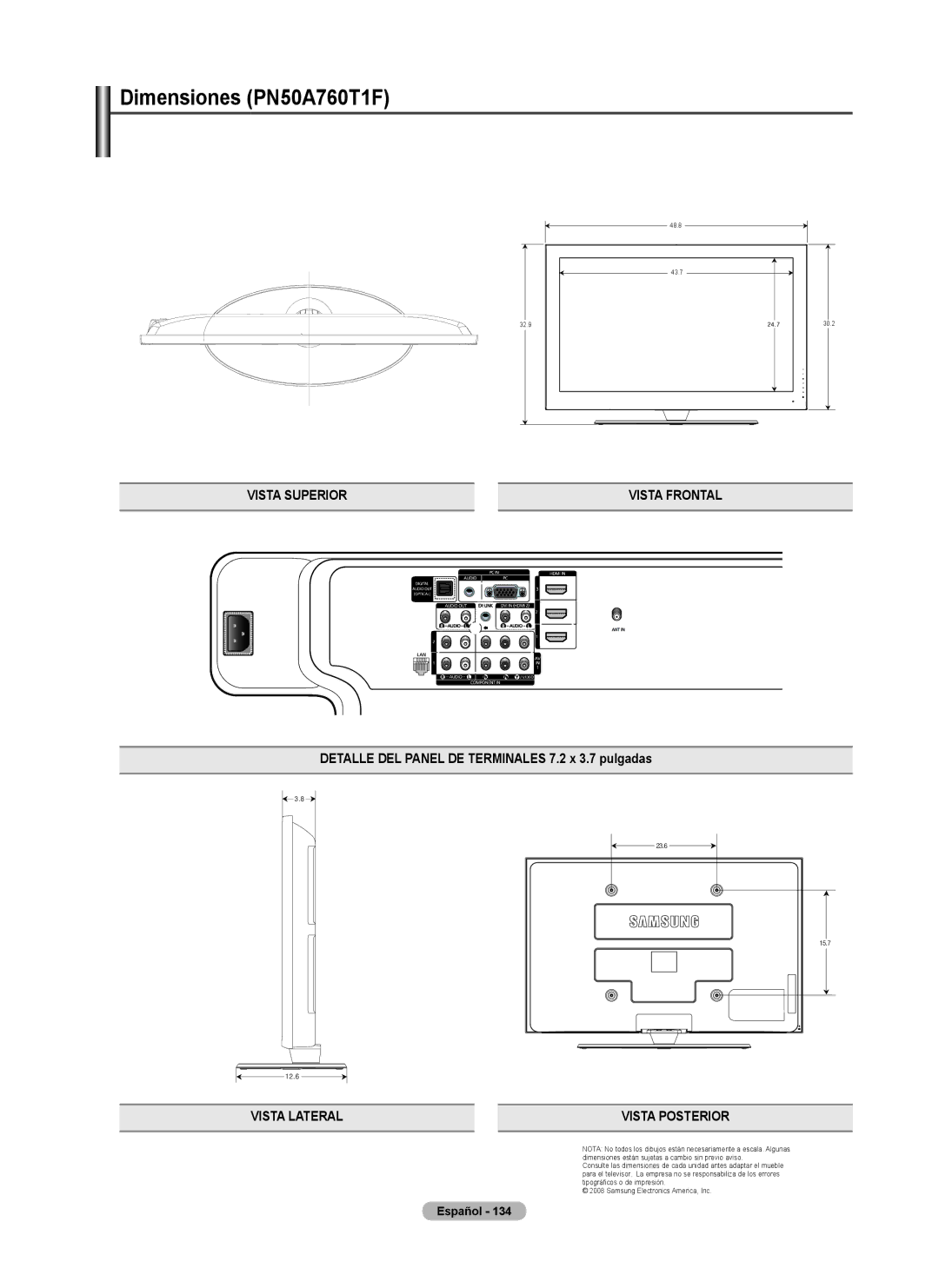 Samsung 760 Series user manual Dimensiones PN50A760T1F, Detalle DEL Panel DE Terminales 7.2 x 3.7 pulgadas 