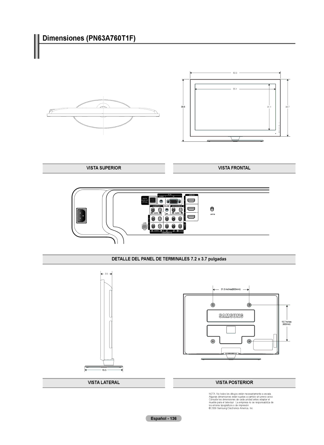 Samsung 760 Series user manual Dimensiones PN63A760T1F 