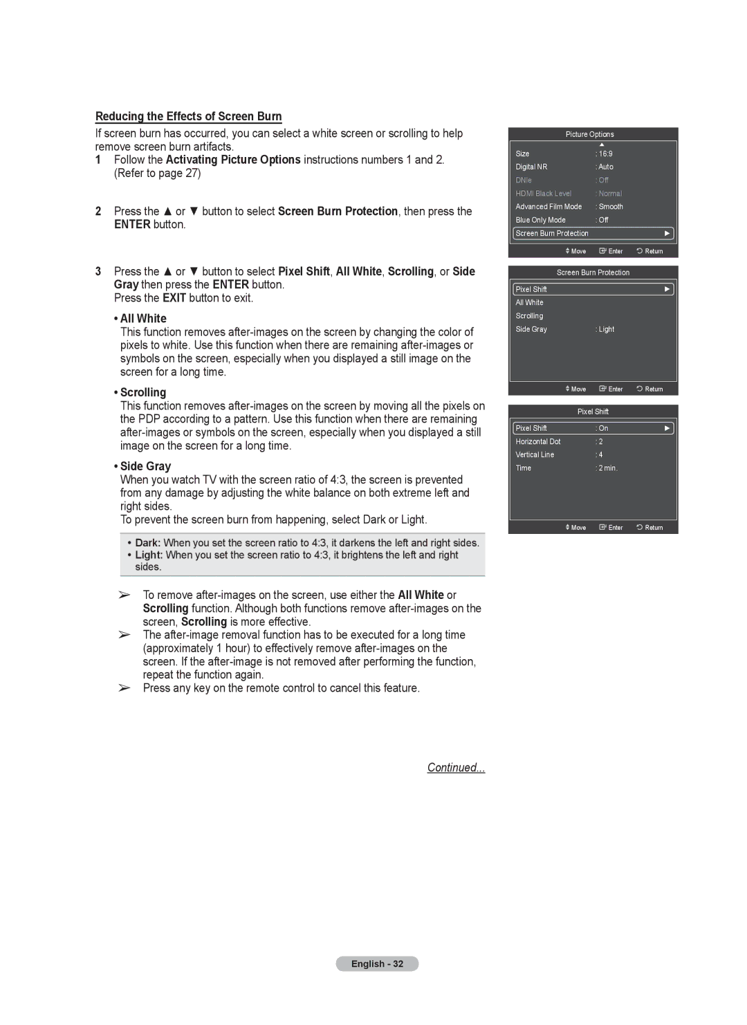 Samsung 760 Series user manual Reducing the Effects of Screen Burn, All White, Scrolling, Side Gray 