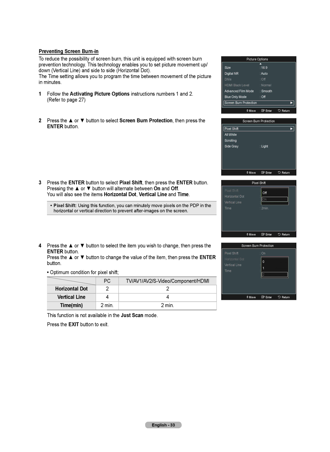 Samsung 760 Series user manual Preventing Screen Burn-in, TV/AV1/AV2/S-Video/Component/HDMI, Min, Screen Burn Protection 