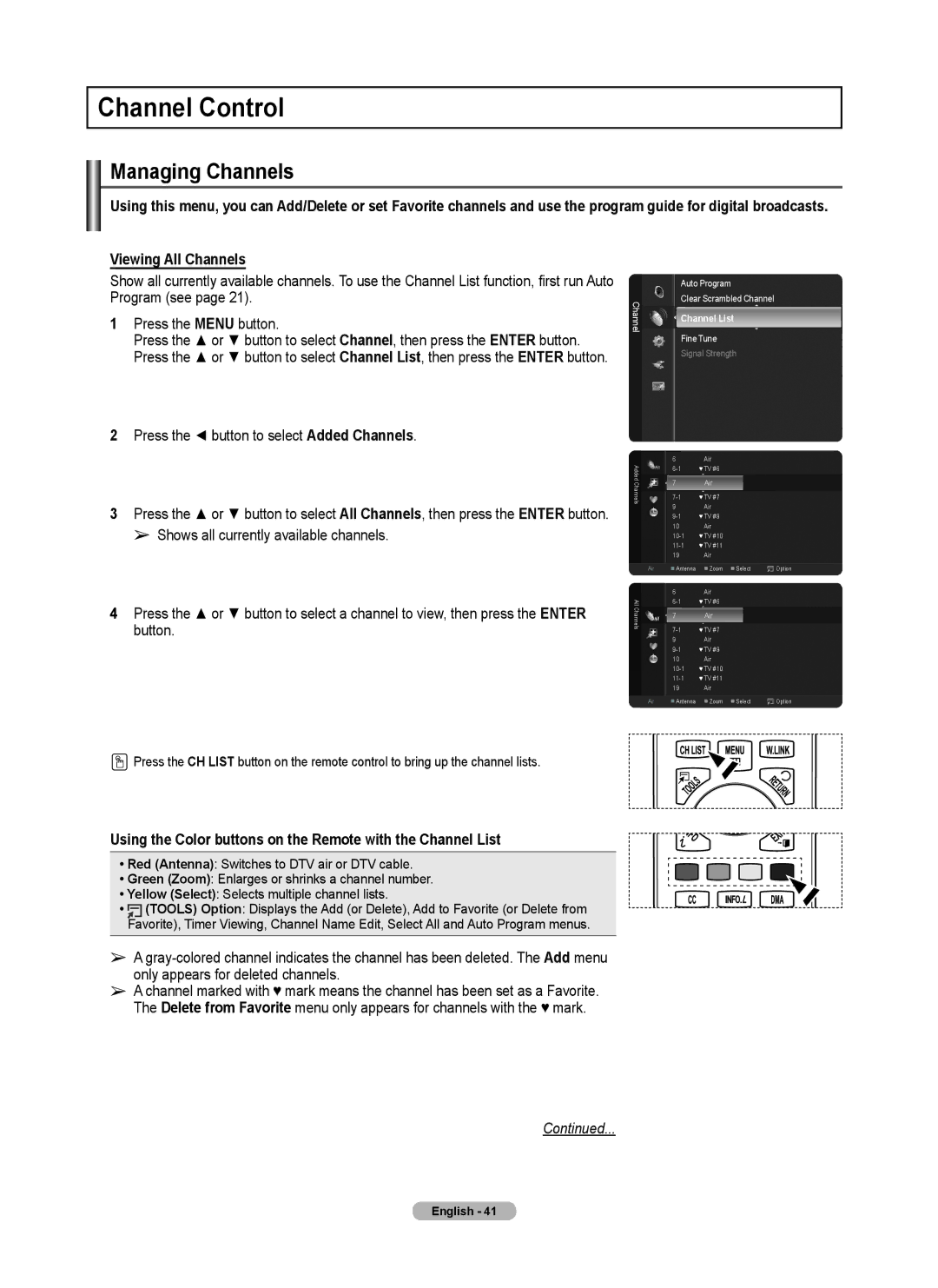 Samsung 760 Series user manual Channel Control, Managing Channels, Press the button to select Added Channels 