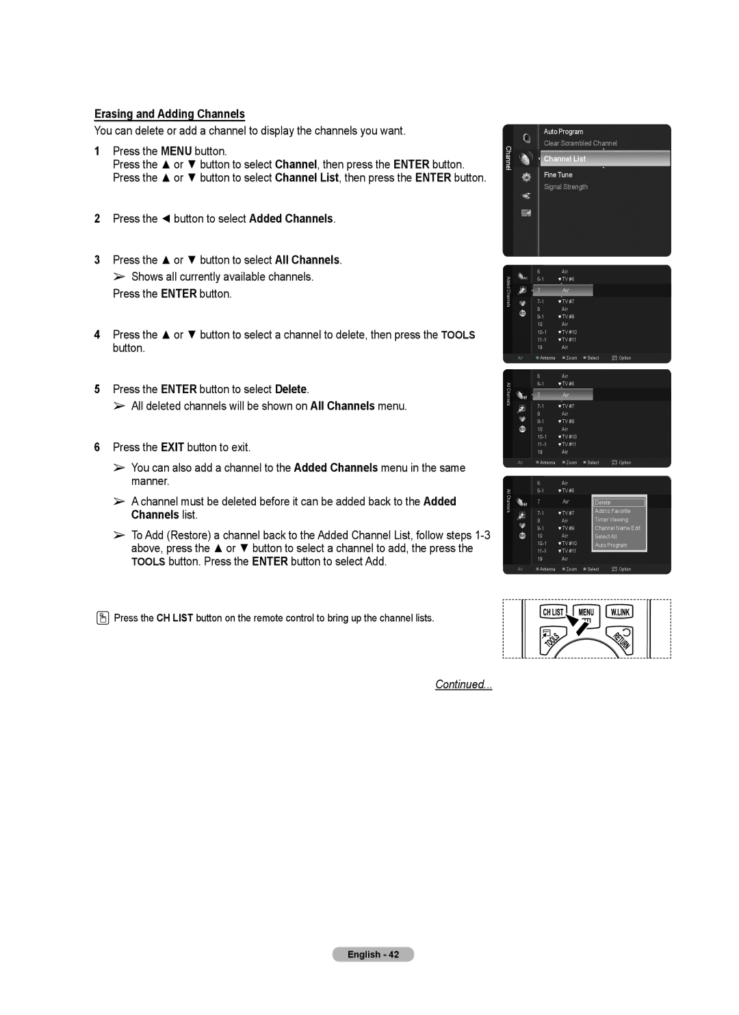 Samsung 760 Series user manual Erasing and Adding Channels, Tools button. Press the Enter button to select Add 