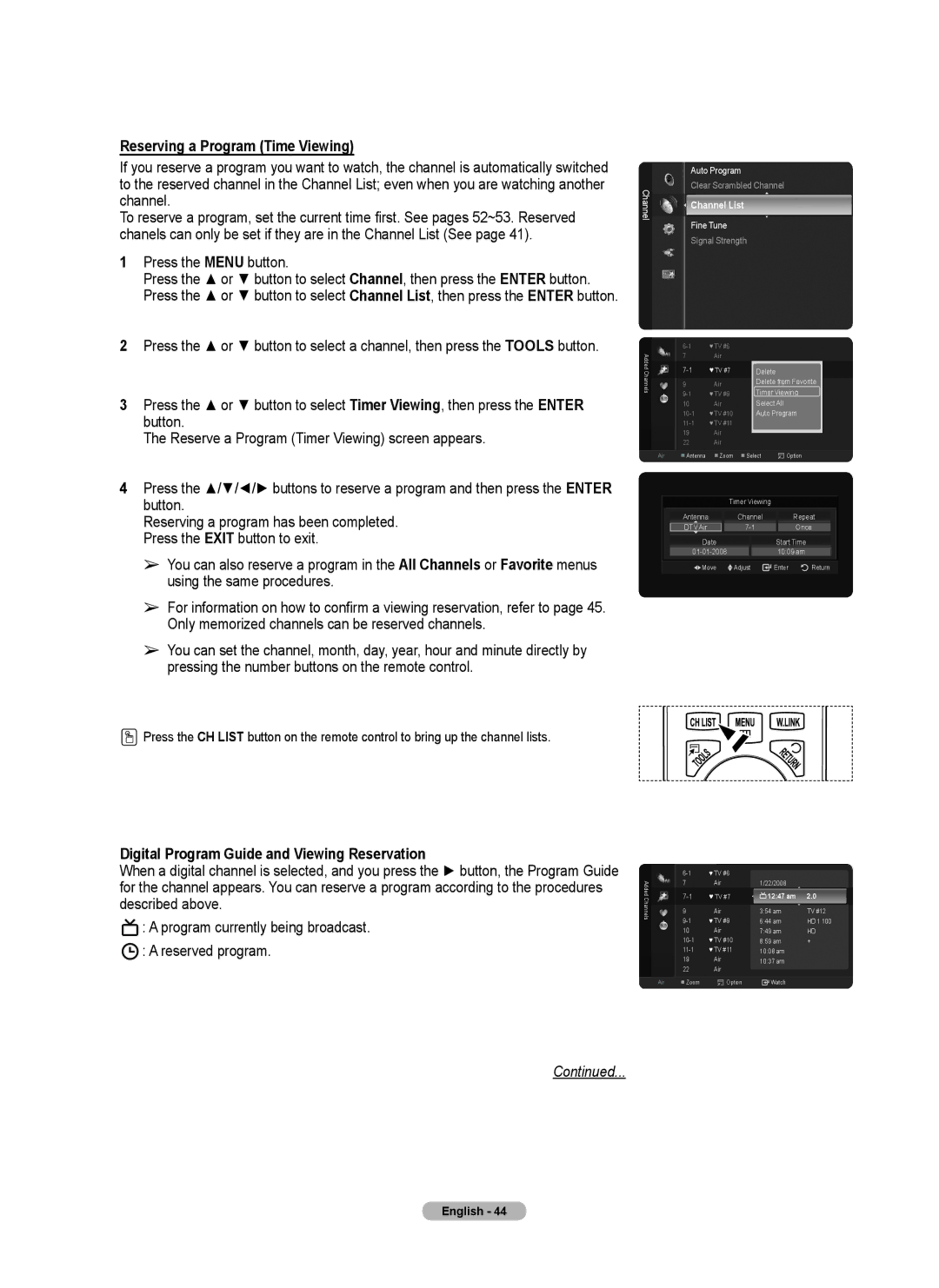 Samsung 760 Series user manual Reserving a Program Time Viewing, Digital Program Guide and Viewing Reservation 