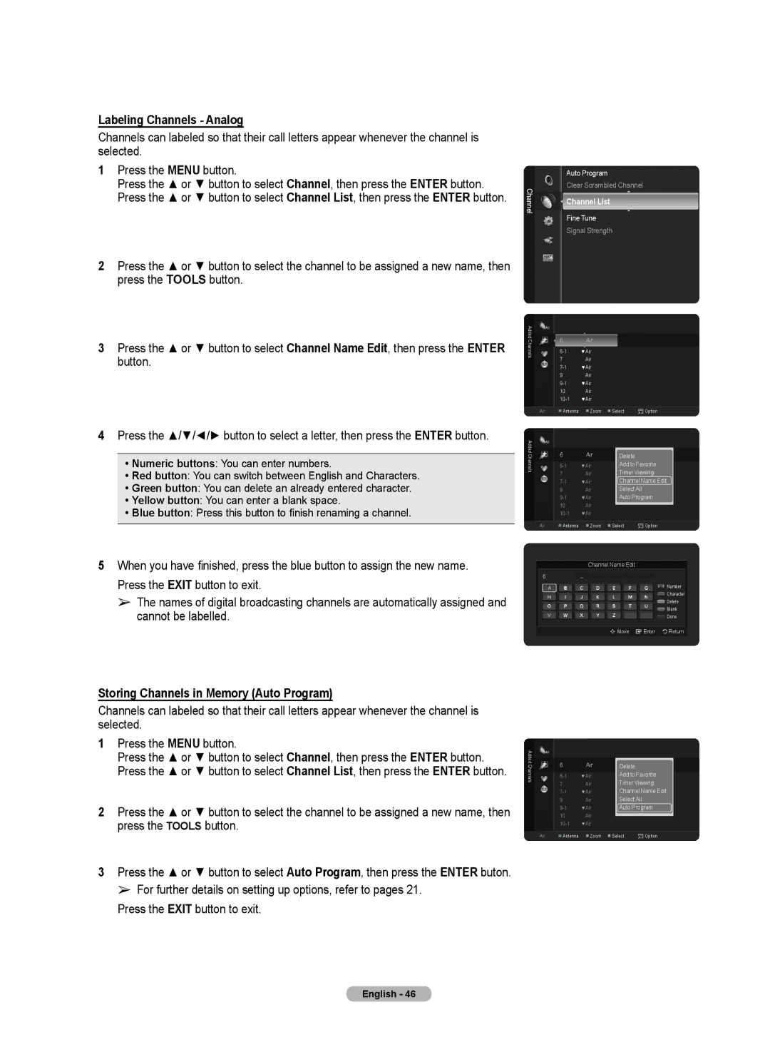 Samsung 760 Series user manual Labeling Channels Analog, Storing Channels in Memory Auto Program 