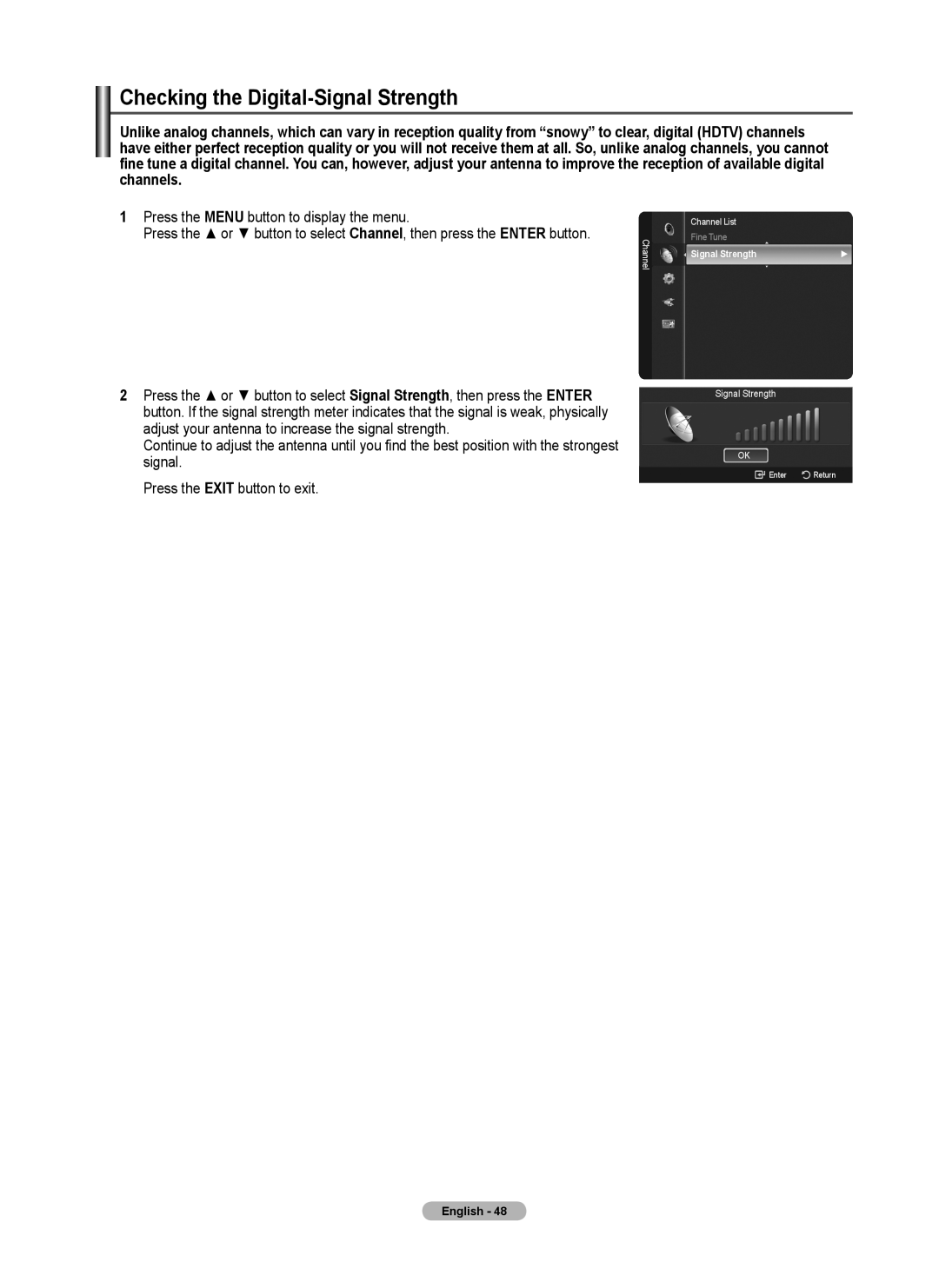 Samsung 760 Series user manual Checking the Digital-Signal Strength 