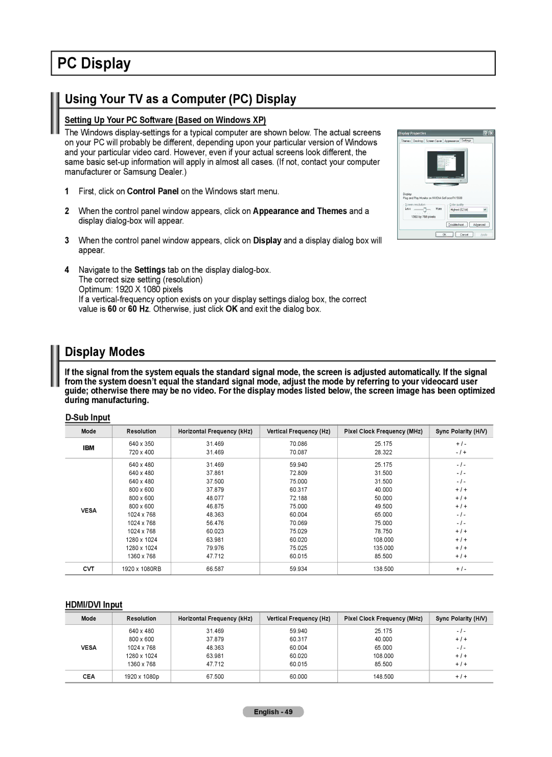 Samsung 760 Series user manual Using Your TV as a Computer PC Display, Display Modes, HDMI/DVI Input 