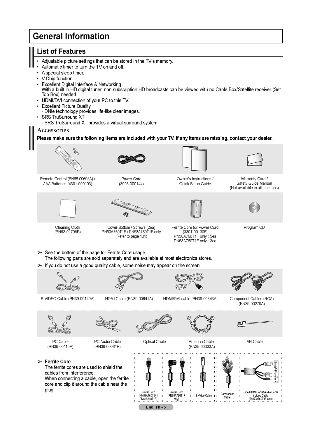 Samsung 760 Series General Information, List of Features, Ferrite Core, Core and clip it around the cable near Plug 