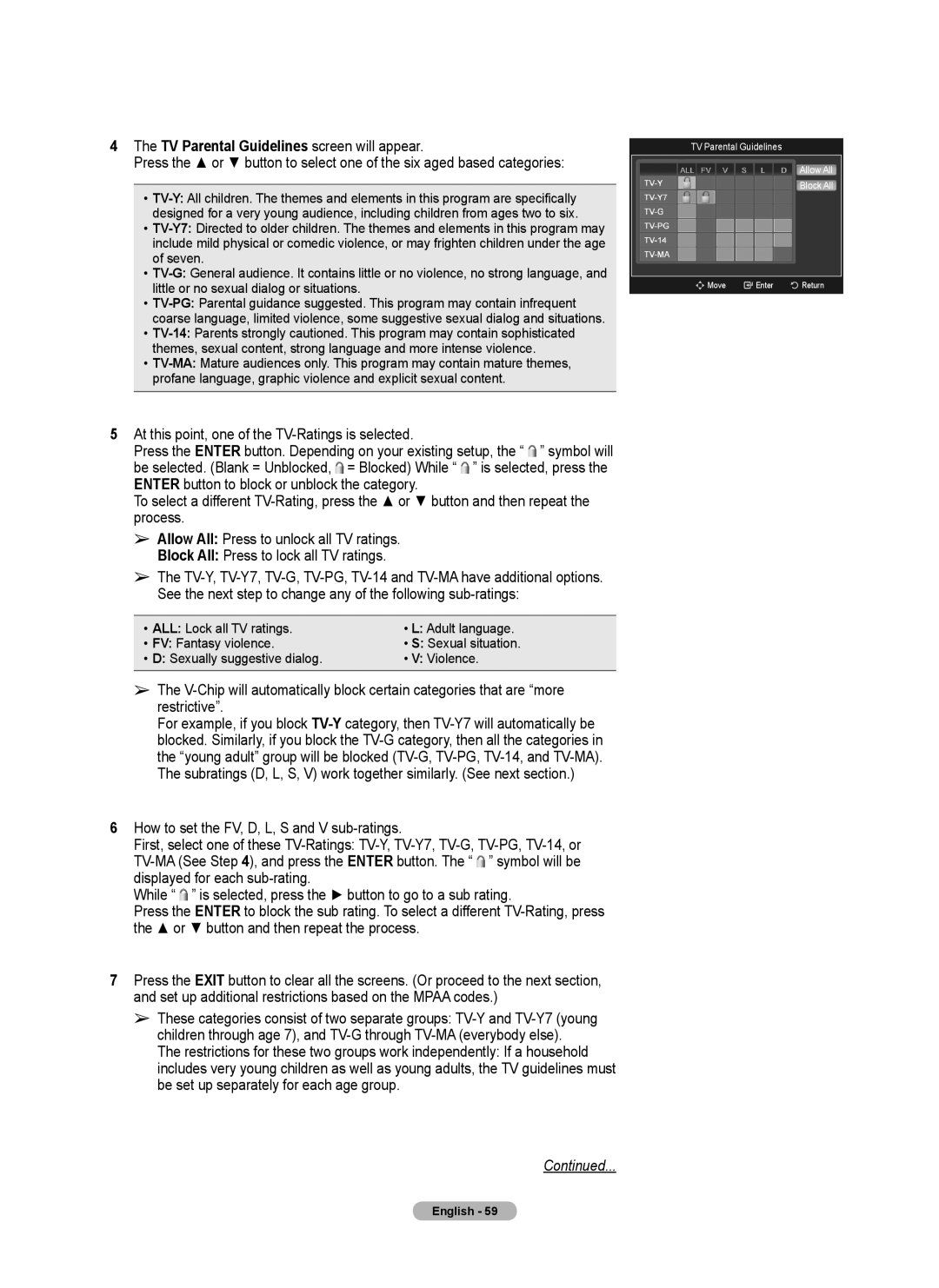 Samsung 760 Series user manual TV Parental Guidelines Allow All Block All 