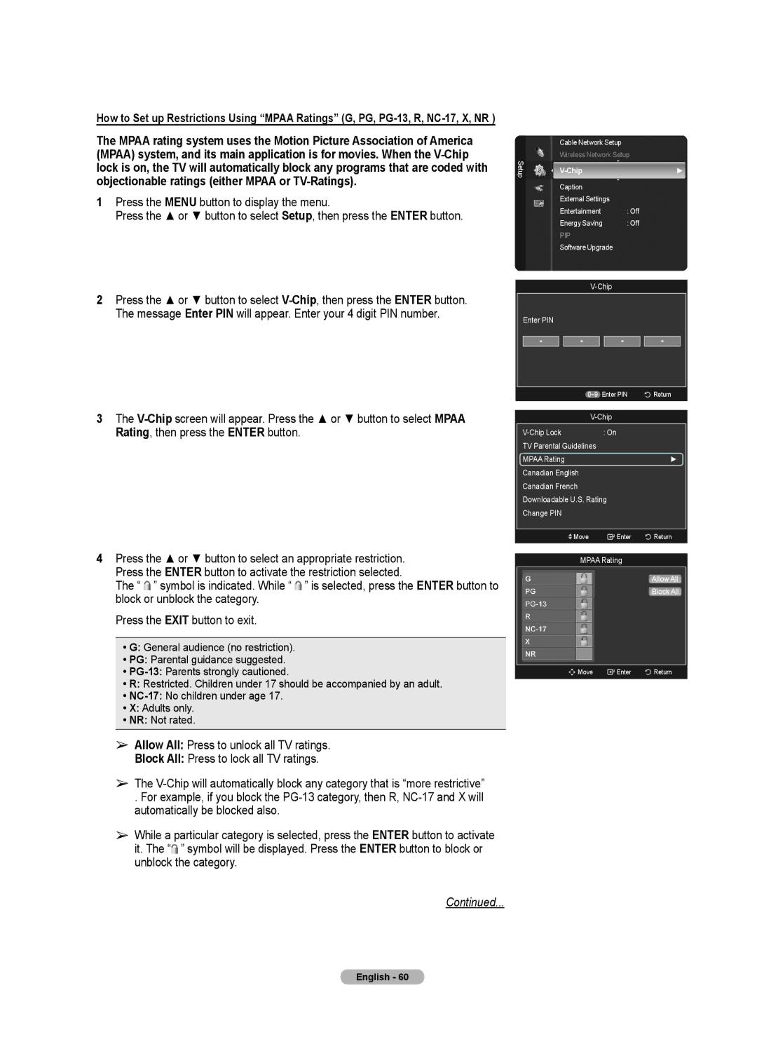 Samsung 760 Series user manual Mpaa Rating Allow All Block All 