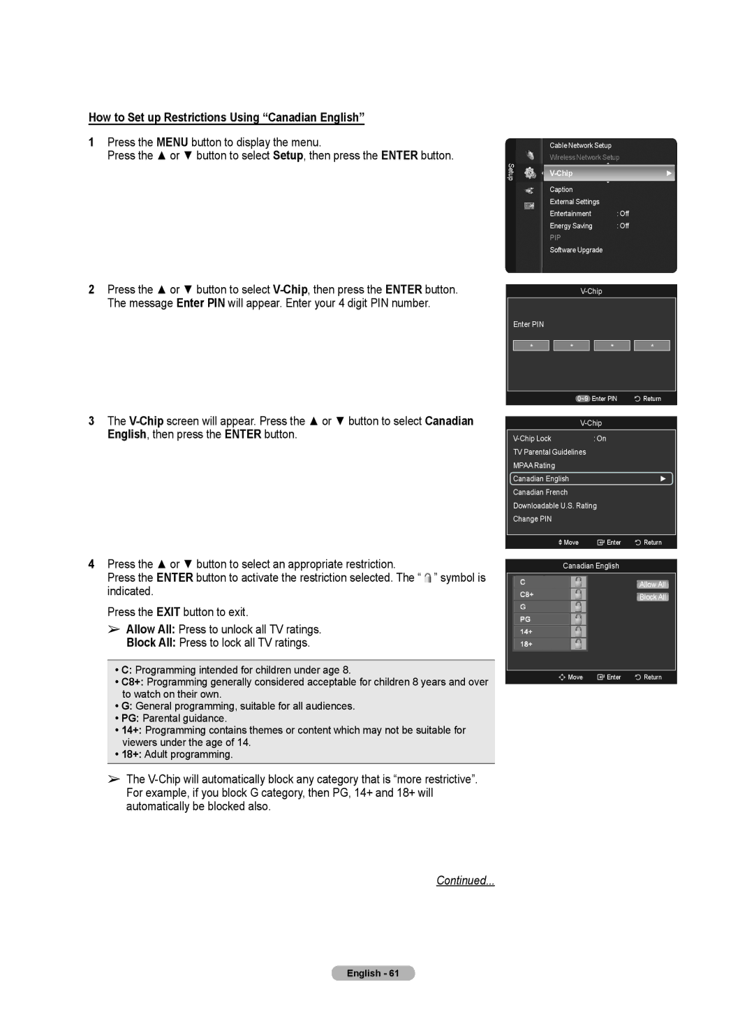 Samsung 760 Series user manual How to Set up Restrictions Using Canadian English, Canadian English Allow All Block All 