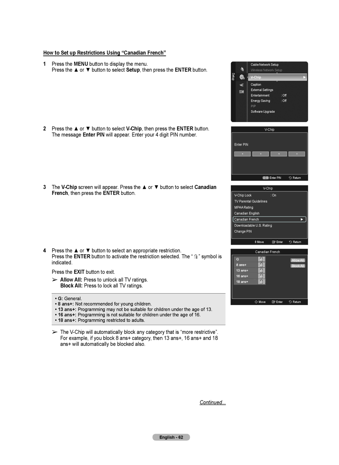 Samsung 760 Series user manual How to Set up Restrictions Using Canadian French, Canadian French Allow All Block All 