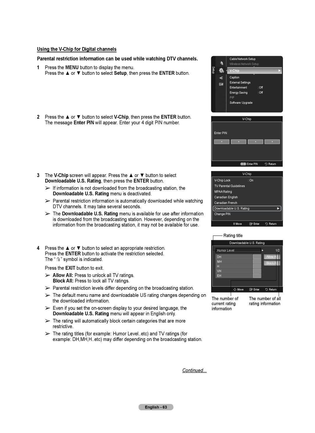 Samsung 760 Series Using the V-Chip for Digital channels, V-Chipscreen will appear. Press the or button to select, Number 