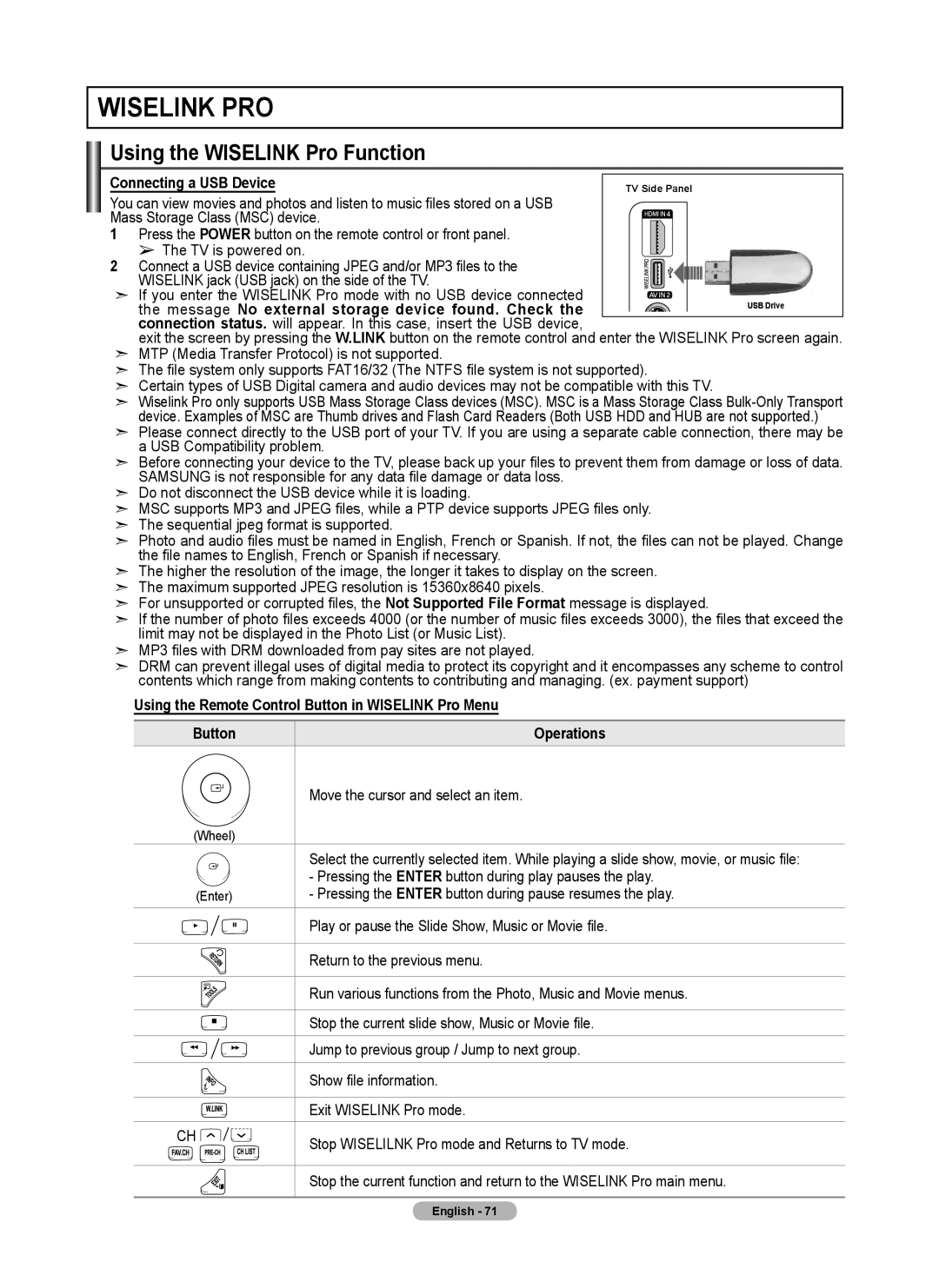 Samsung 760 Series user manual Using the Wiselink Pro Function, Connecting a USB Device, Move the cursor and select an item 