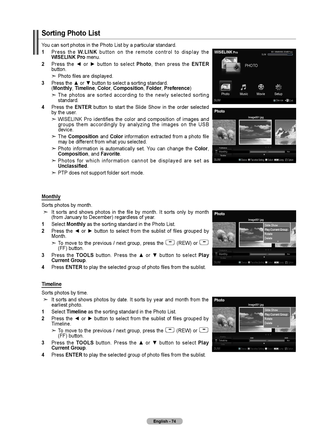 Samsung 760 Series user manual Sorting Photo List, Monthly, Timeline, Color, Composition, Folder, Preference, Unclassified 