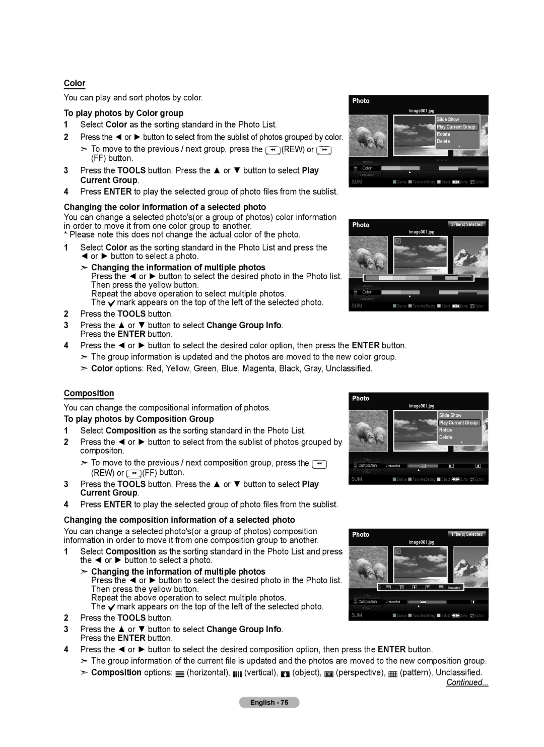 Samsung 760 Series To play photos by Color group, Changing the color information of a selected photo, Composition 