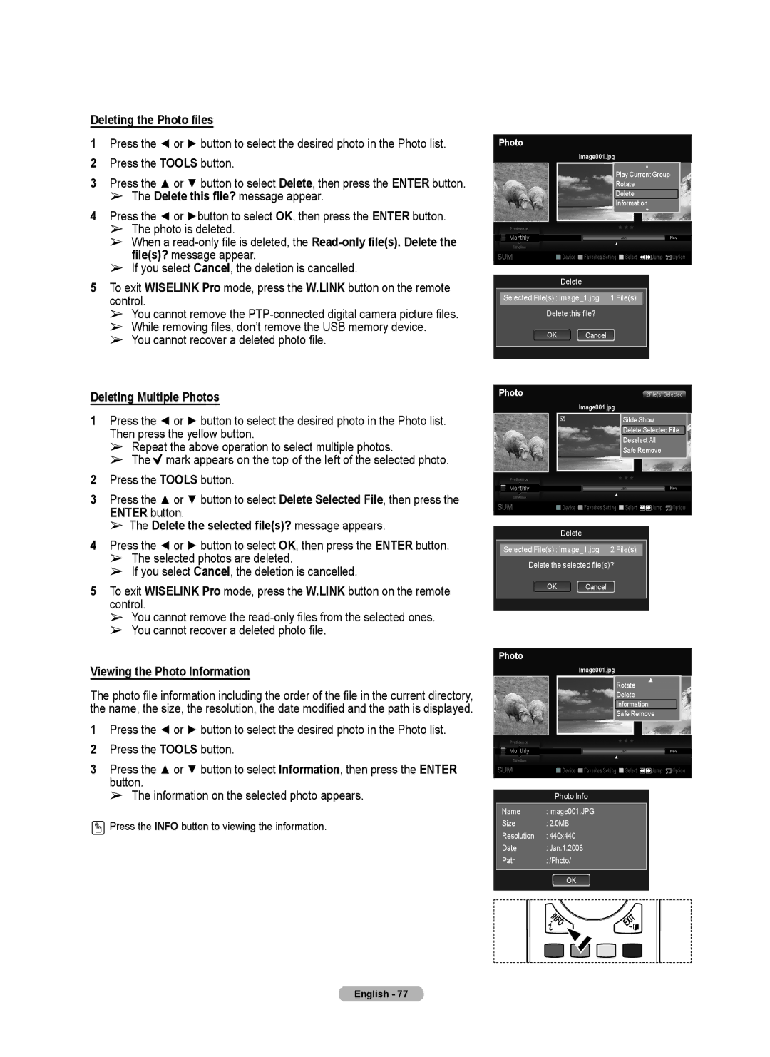 Samsung 760 Series Deleting the Photo files, Deleting Multiple Photos, Delete the selected files? message appears 