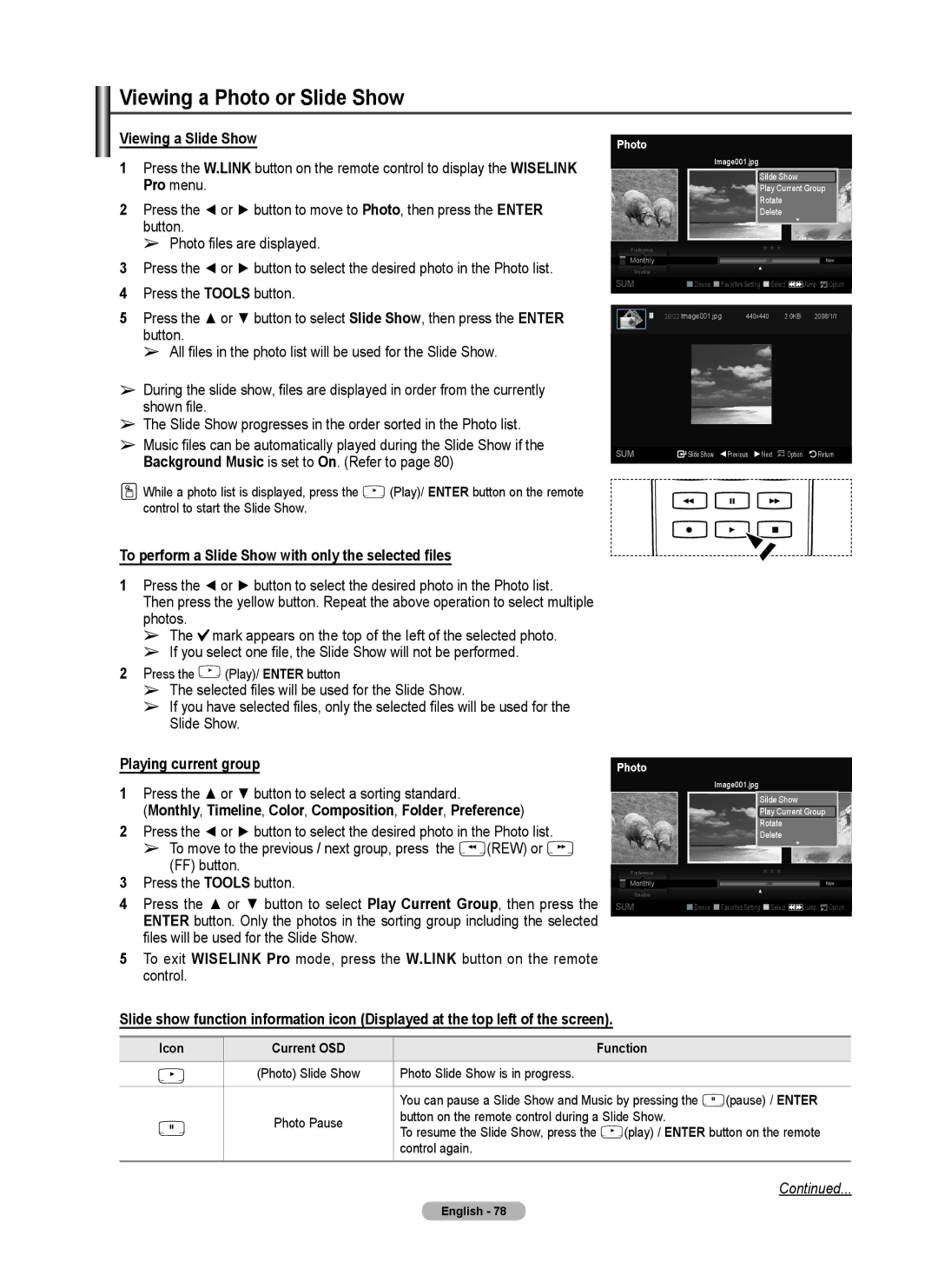 Samsung 760 Series user manual Viewing a Photo or Slide Show, Viewing a Slide Show, Icon Current OSD Function 