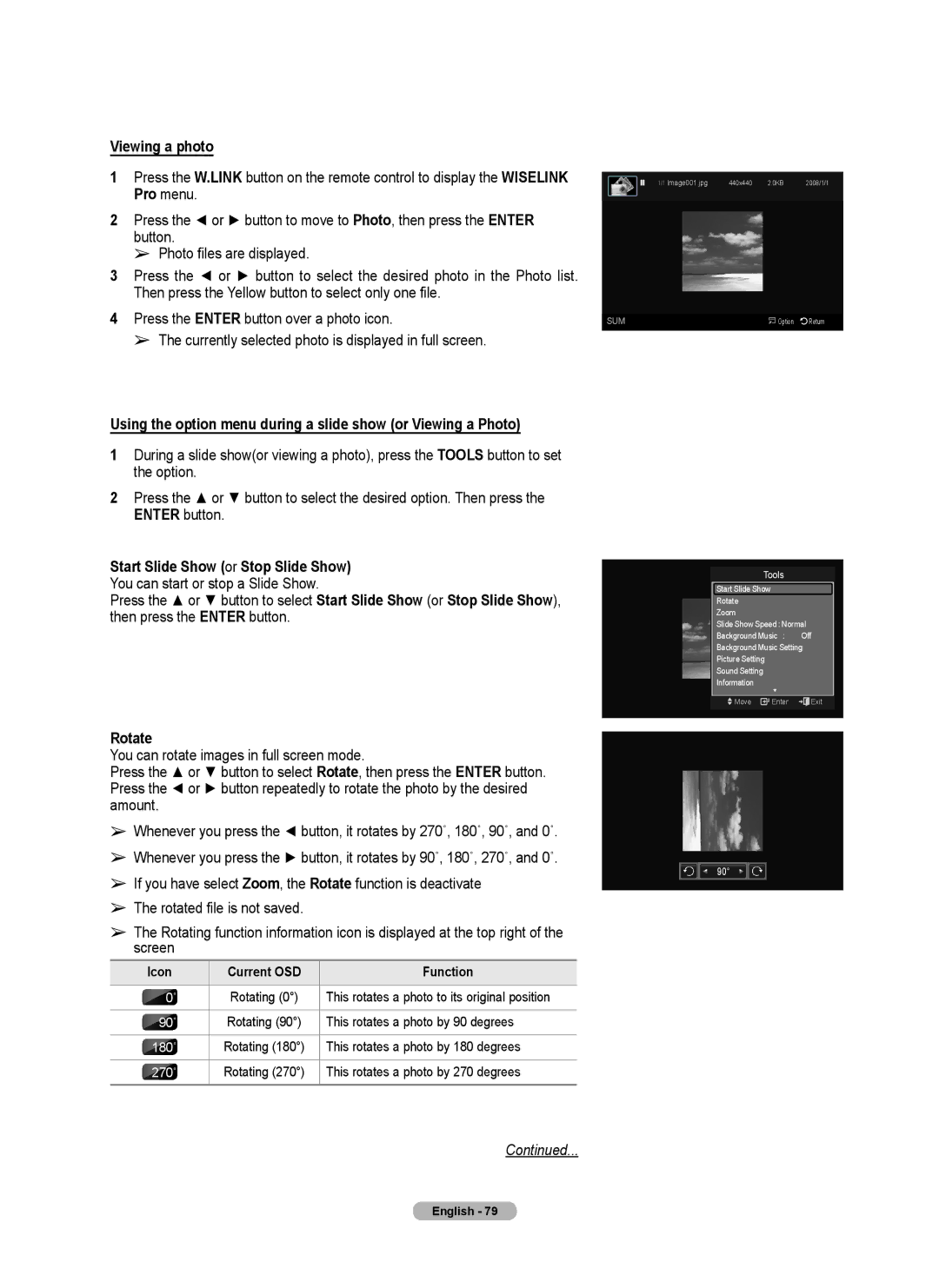 Samsung 760 Series Viewing a photo, Press the Enter button over a photo icon, Start Slide Show or Stop Slide Show, Rotate 