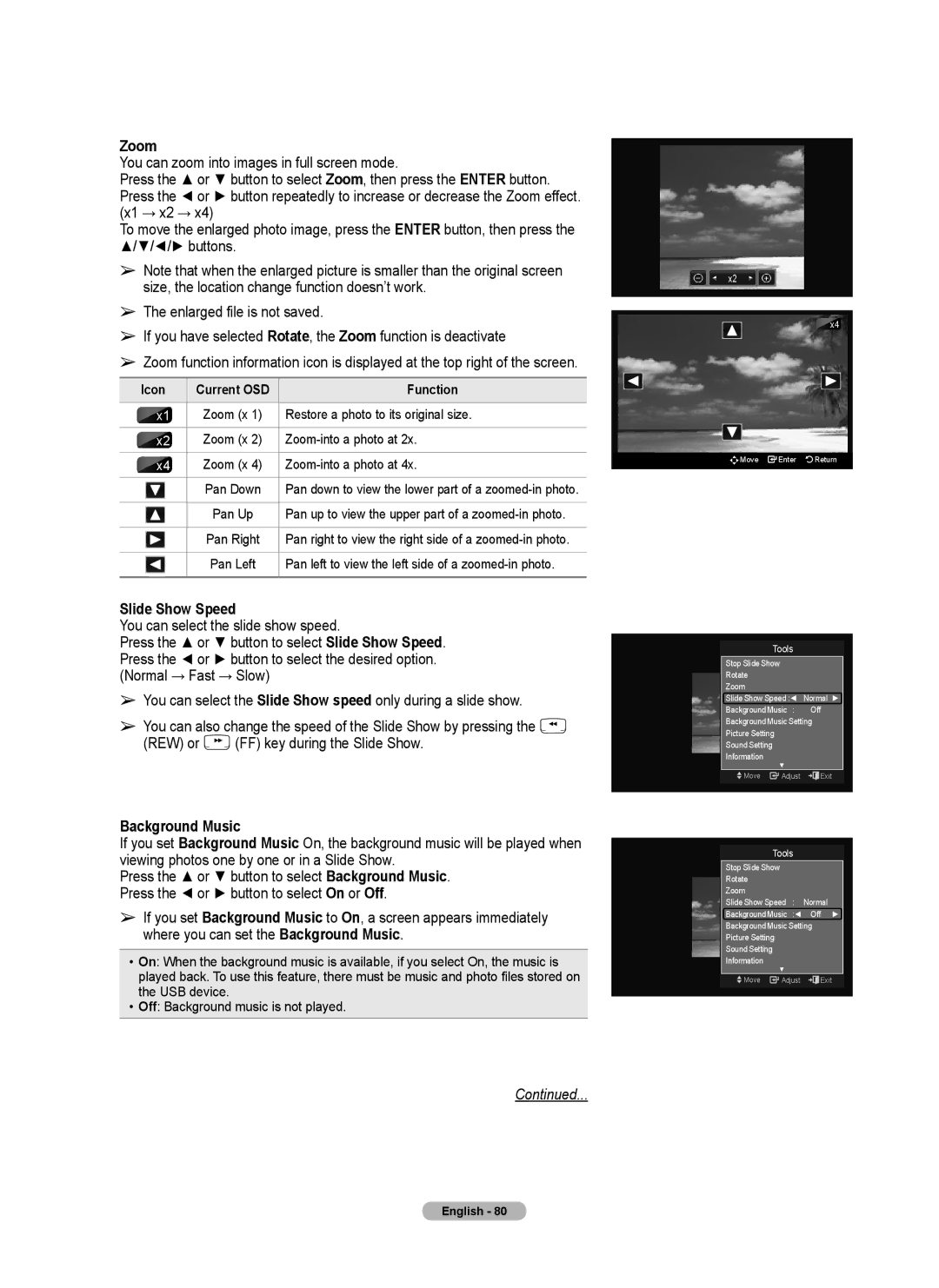 Samsung 760 Series Slide Show Speed, Background Music, Restore a photo to its original size, Zoom-into a photo at 