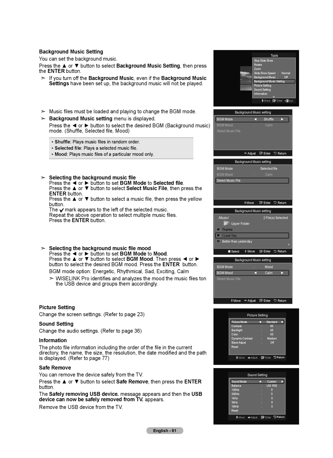 Samsung 760 Series Background Music Setting, Background Music setting menu is displayed, Picture Setting, Sound Setting 