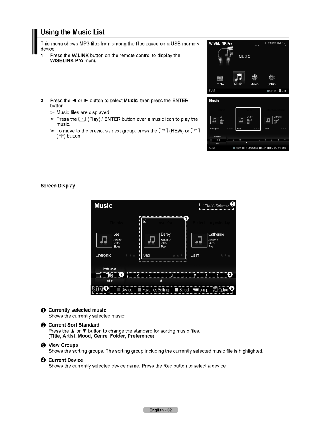 Samsung 760 Series user manual Using the Music List, Currently selected music, Shows the currently selected music 