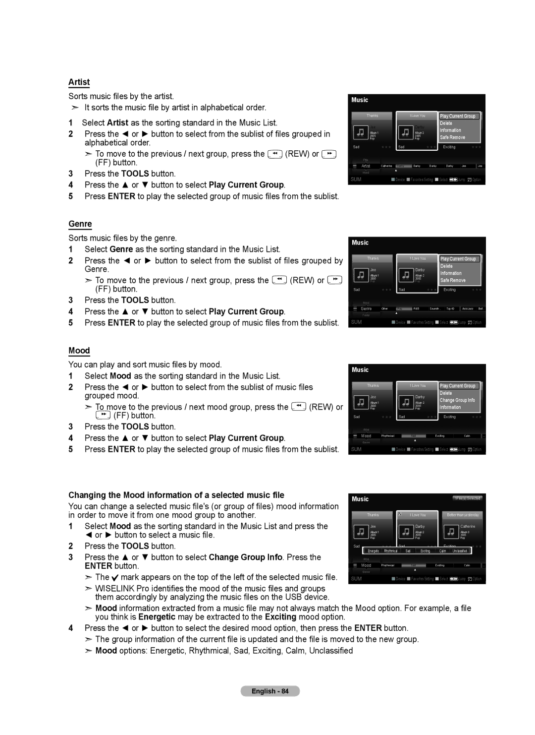 Samsung 760 Series user manual Artist, Genre, Mood 