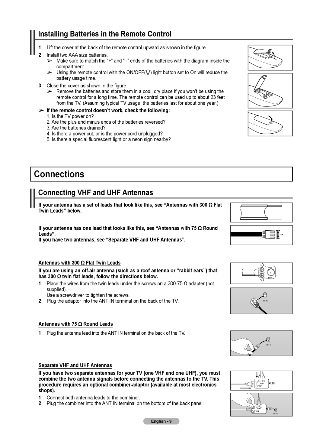 Samsung 760 Series user manual Connections, Installing Batteries in the Remote Control, Connecting VHF and UHF Antennas 