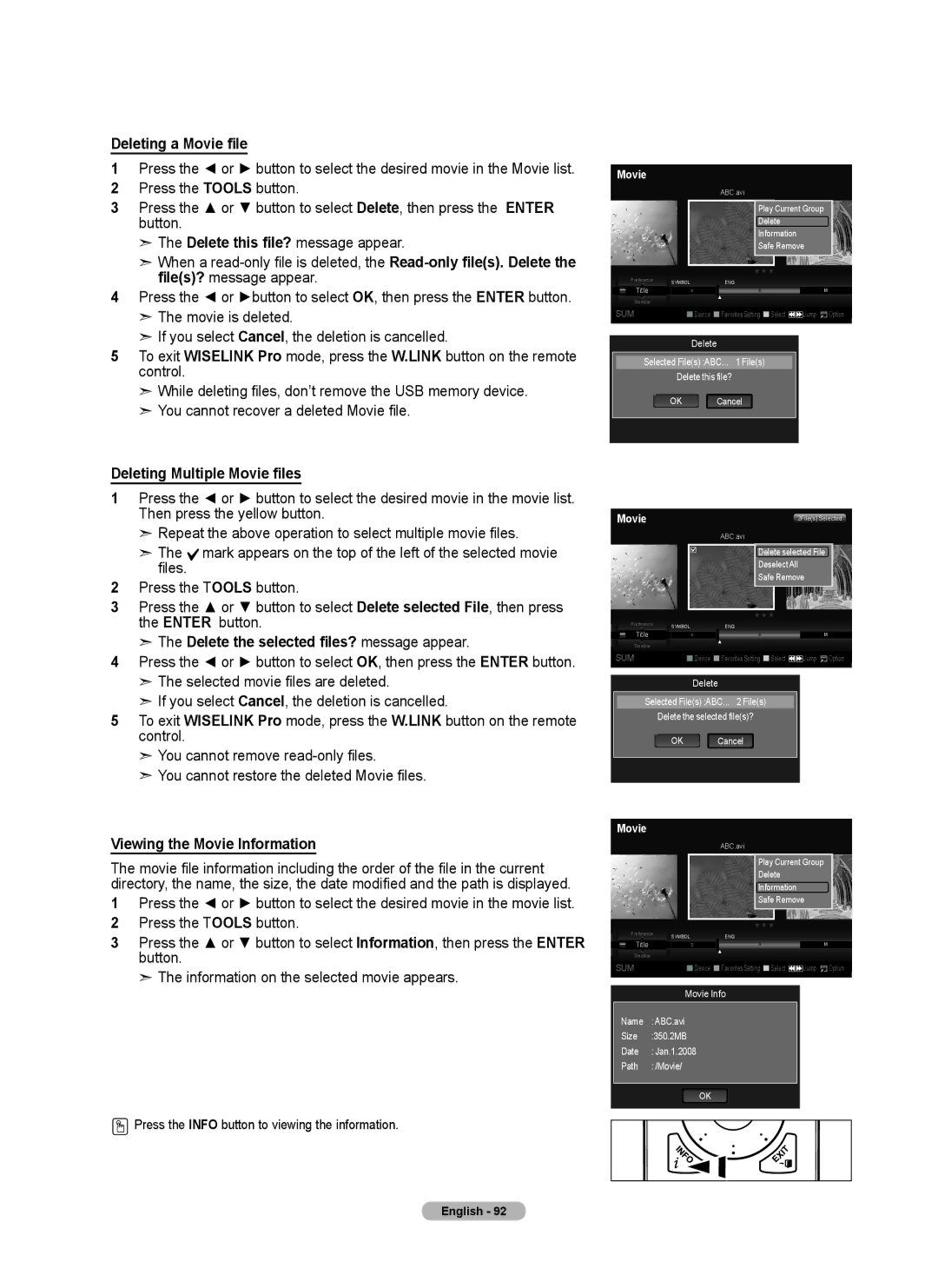 Samsung 760 Series user manual Deleting a Movie file, Deleting Multiple Movie files, Press the Tools button 