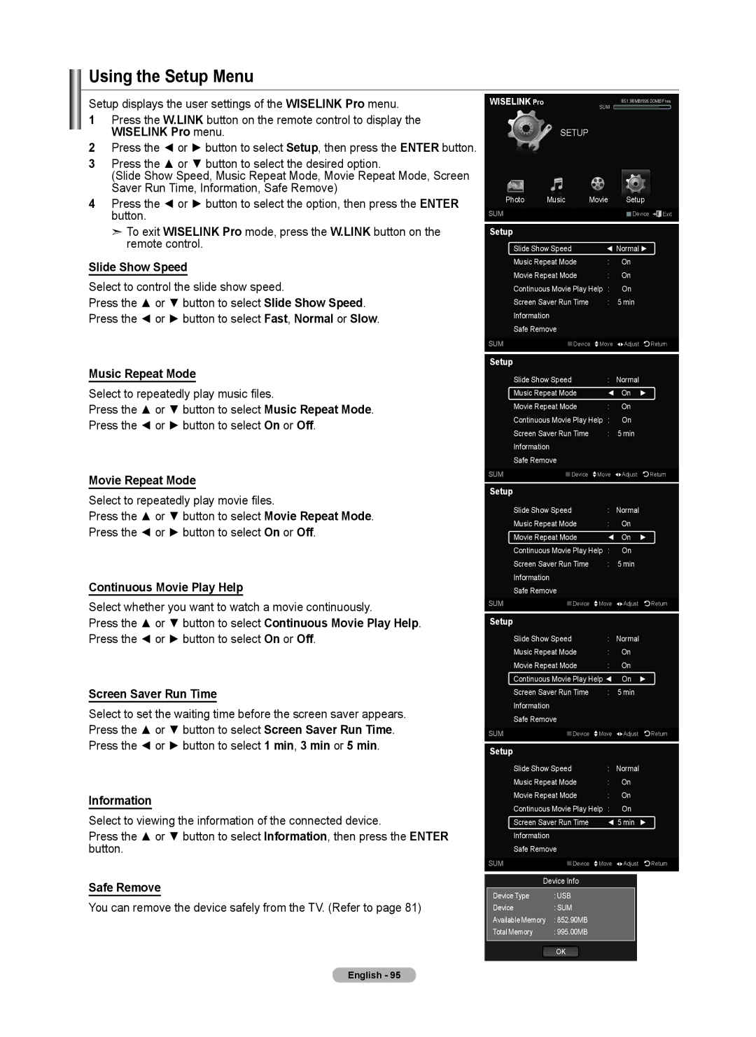 Samsung 760 Series user manual Using the Setup Menu, Music Repeat Mode, Movie Repeat Mode, Continuous Movie Play Help 