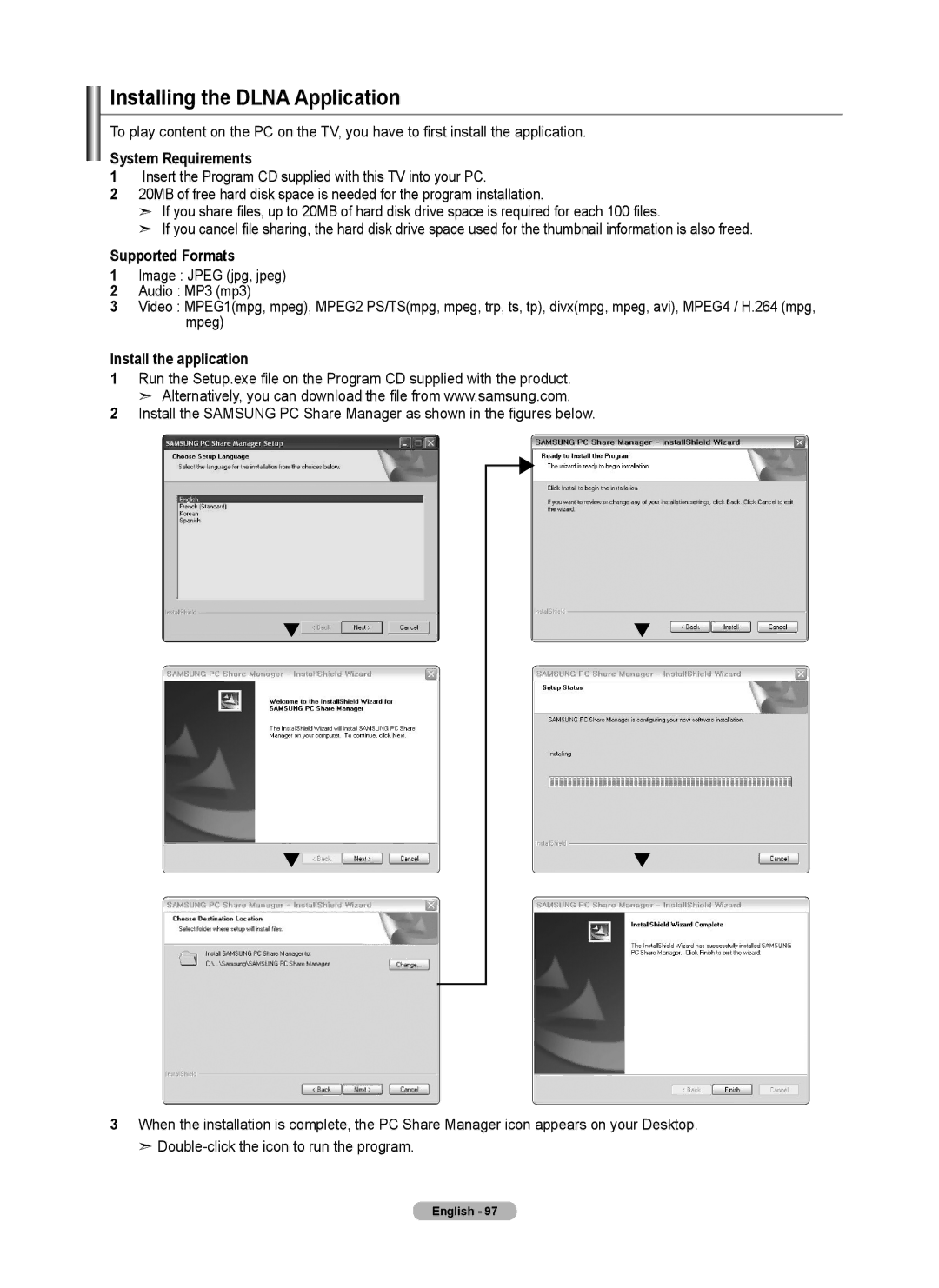 Samsung 760 Series Installing the Dlna Application, System Requirements, Supported Formats, Install the application 