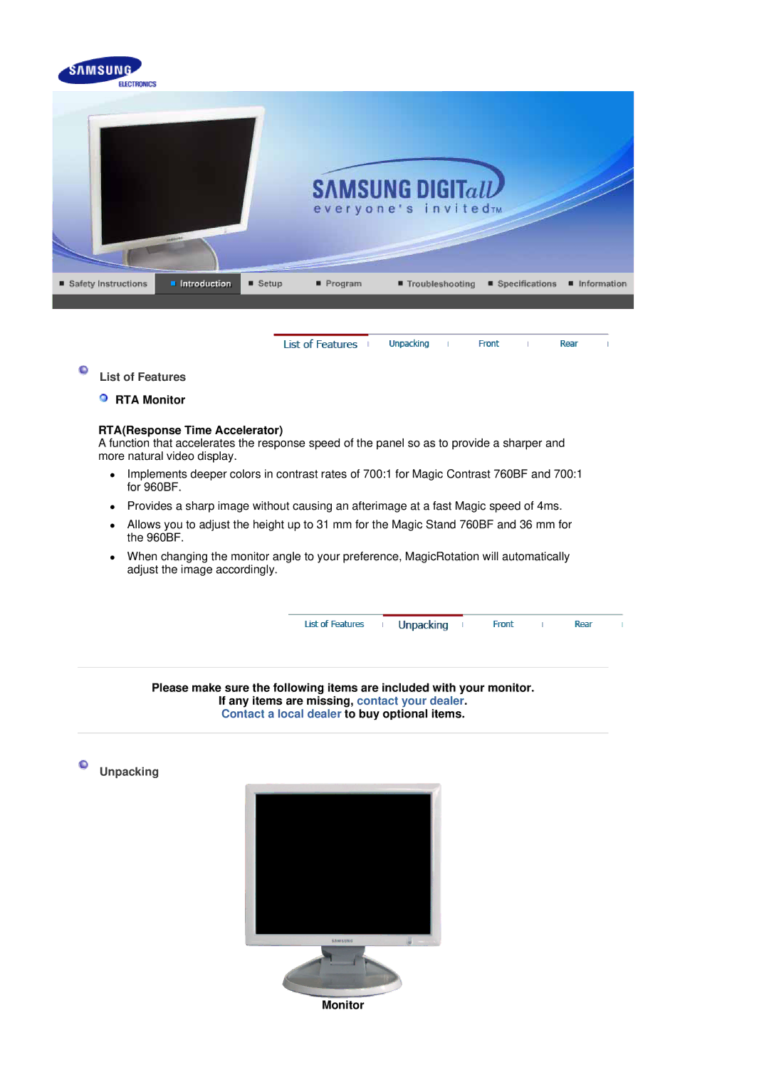 Samsung 760BF manual List of Features, RTA Monitor RTAResponse Time Accelerator, Unpacking 