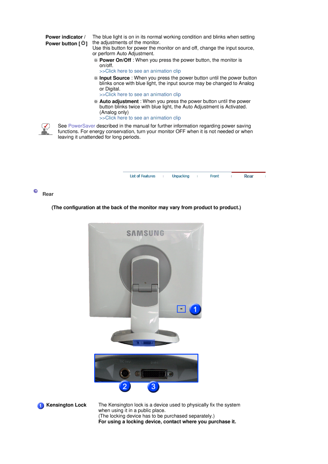 Samsung 760BF manual Power indicator / Power button, Rear, For using a locking device, contact where you purchase it 