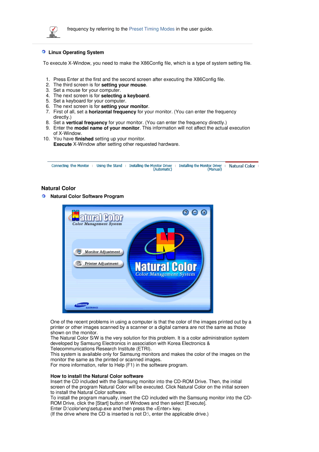 Samsung 760BF manual Linux Operating System, Natural Color Software Program, How to install the Natural Color software 