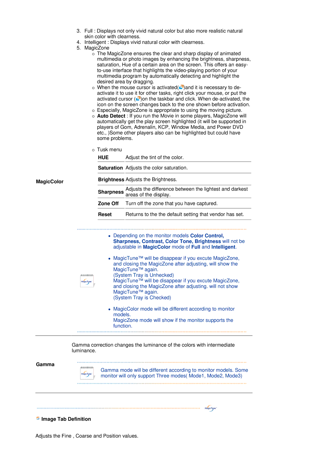 Samsung 760BF manual Saturation Adjusts the color saturation, Gamma, Image Tab Definition 