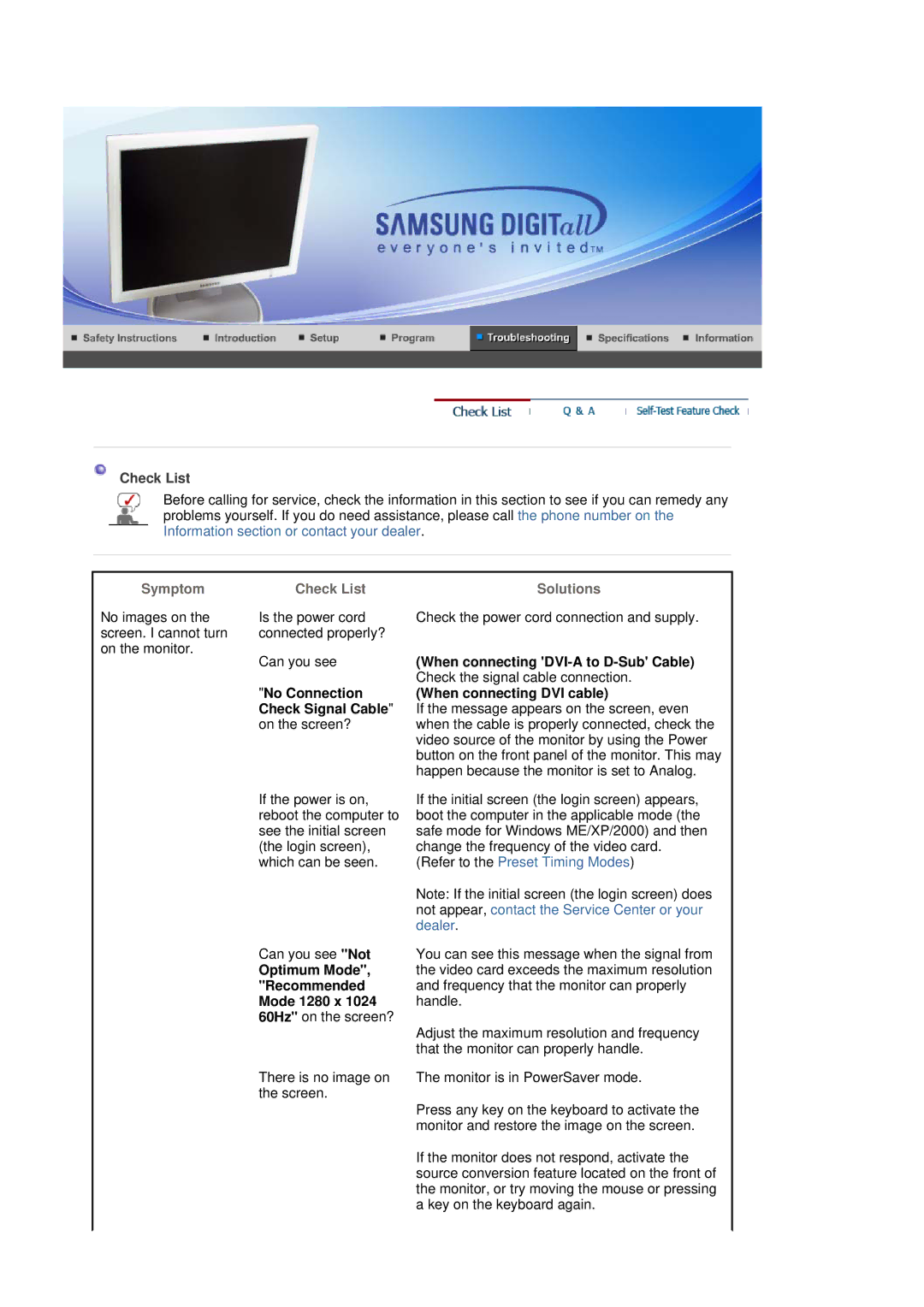 Samsung 760BF Check List, Symptom, No Connection Check Signal Cable on the screen?, When connecting DVI-A to D-Sub Cable 