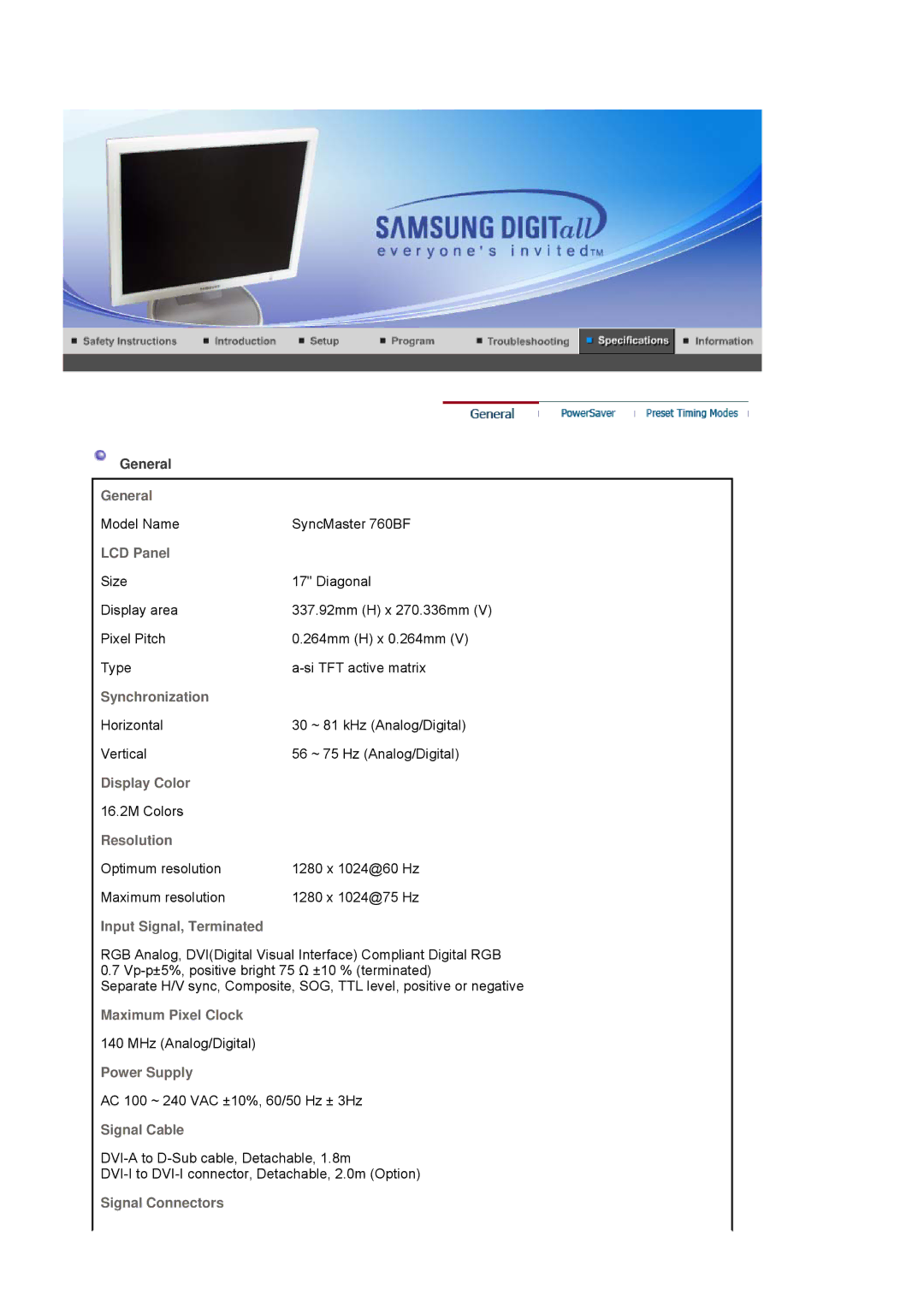 Samsung 760BF manual General, LCD Panel, Synchronization, Display Color, Resolution, Input Signal, Terminated, Power Supply 