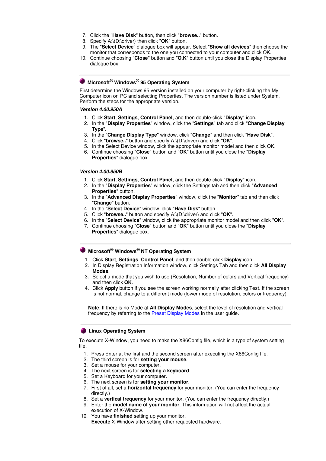 Samsung 760TFT manual Microsoft Windows 95 Operating System, Microsoft Windows NT Operating System, Linux Operating System 