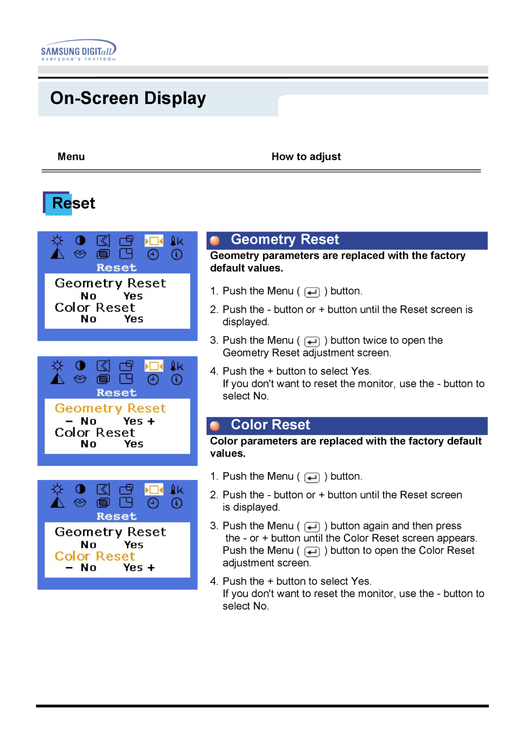 Samsung 760TFT manual Geometry Reset, Color Reset 