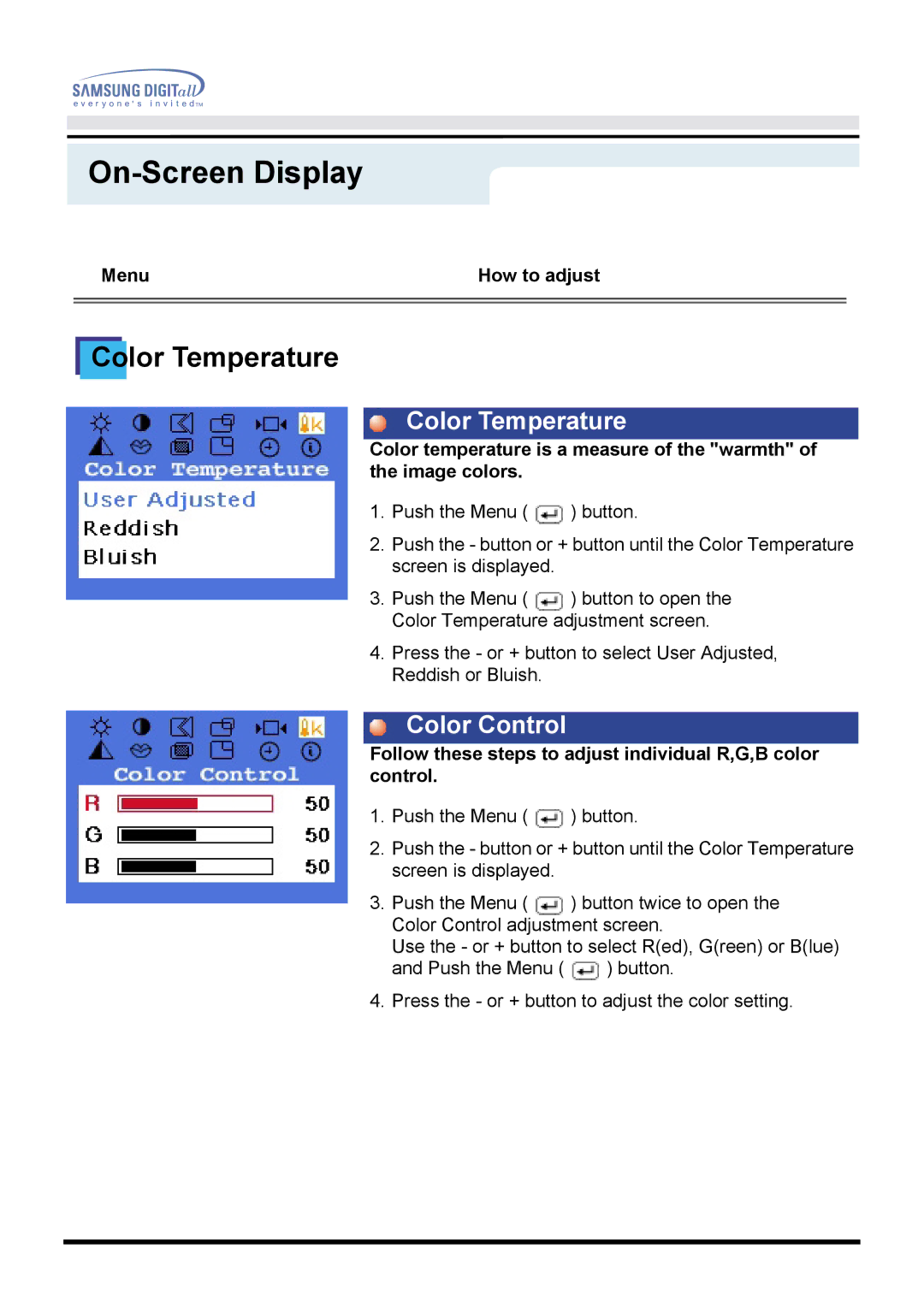 Samsung 760TFT manual Color Temperature, Color Control 